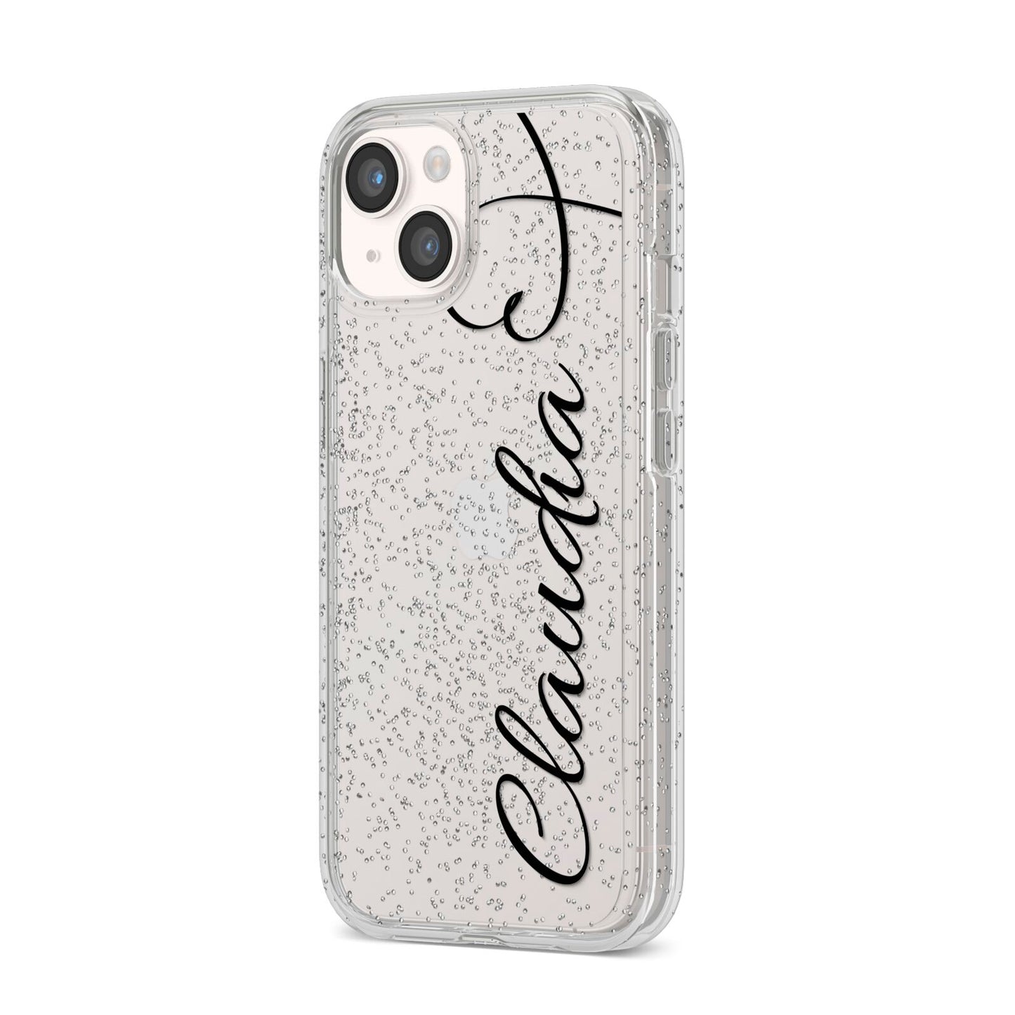 Personalised Heart Name iPhone 14 Glitter Tough Case Starlight Angled Image
