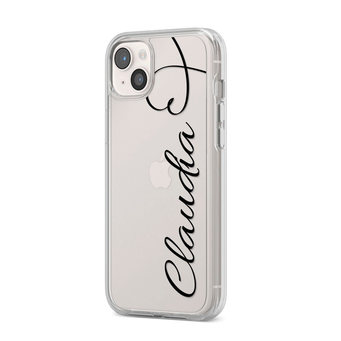 Personalised Heart Name iPhone 14 Plus Clear Tough Case Starlight Angled Image