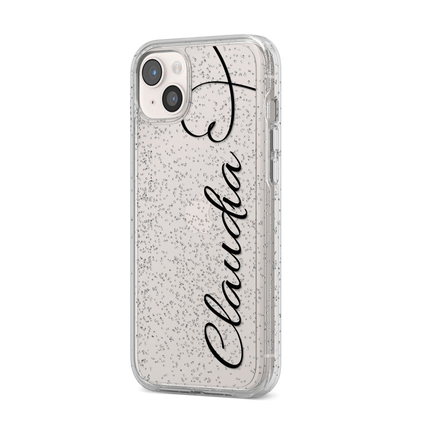 Personalised Heart Name iPhone 14 Plus Glitter Tough Case Starlight Angled Image
