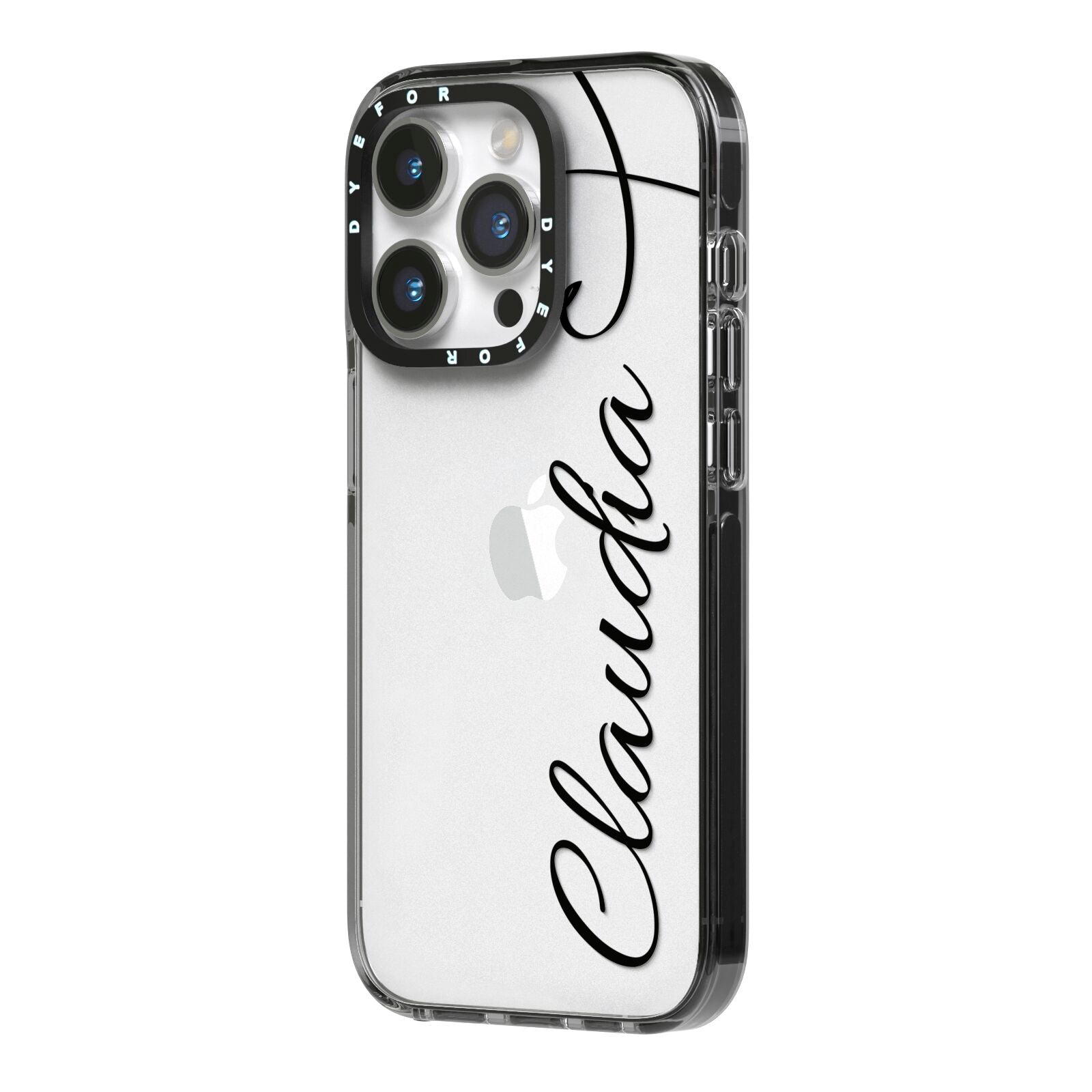 Personalised Heart Name iPhone 14 Pro Black Impact Case Side Angle on Silver phone