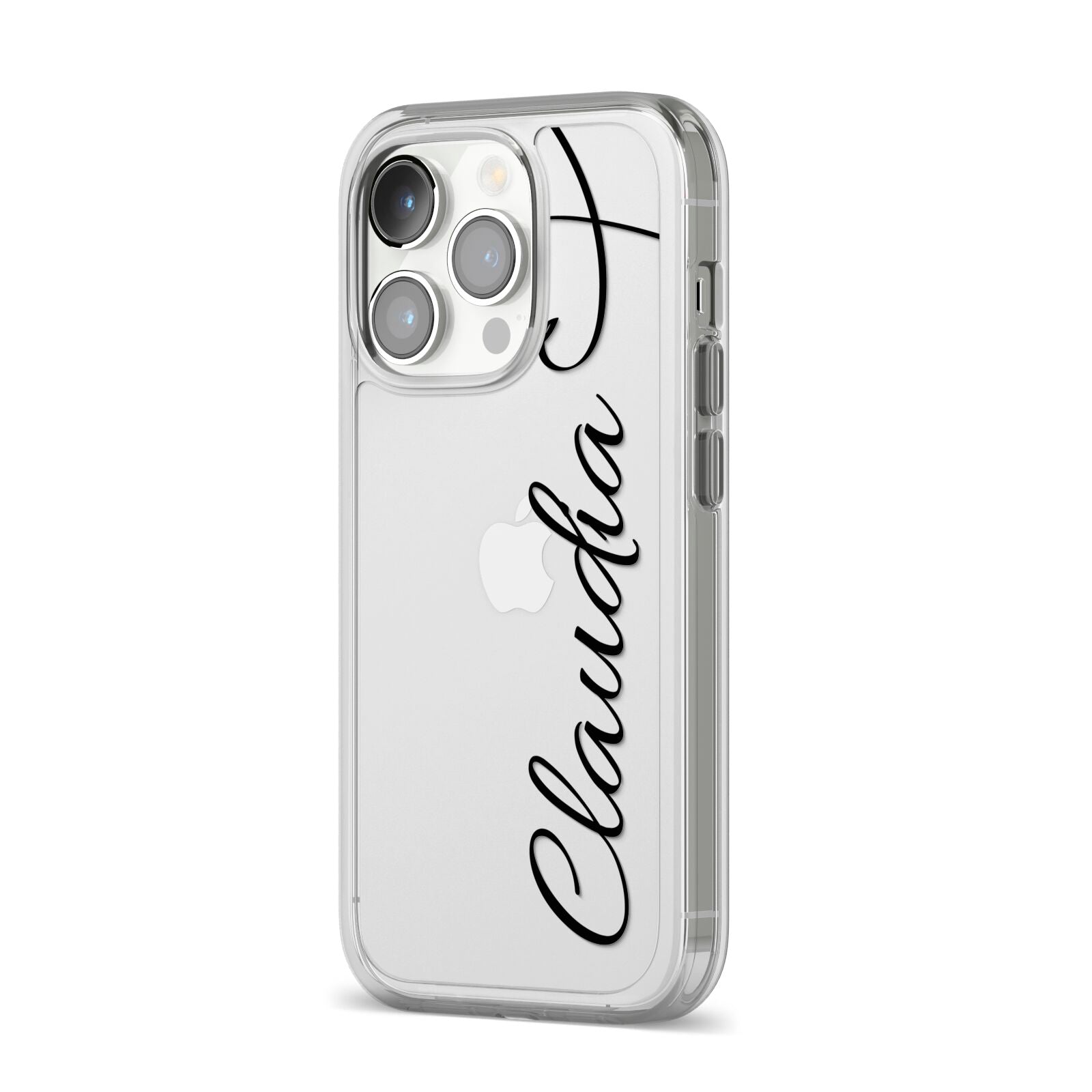 Personalised Heart Name iPhone 14 Pro Clear Tough Case Silver Angled Image