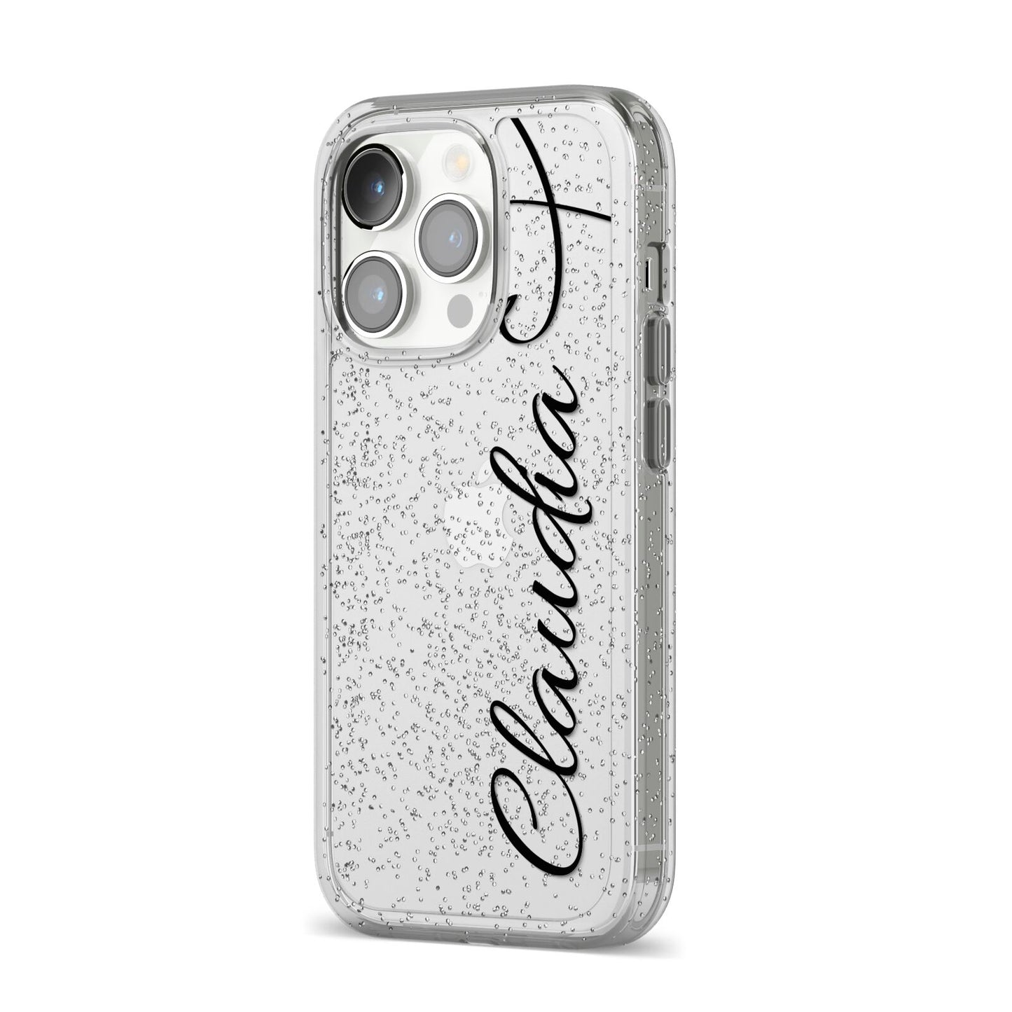 Personalised Heart Name iPhone 14 Pro Glitter Tough Case Silver Angled Image