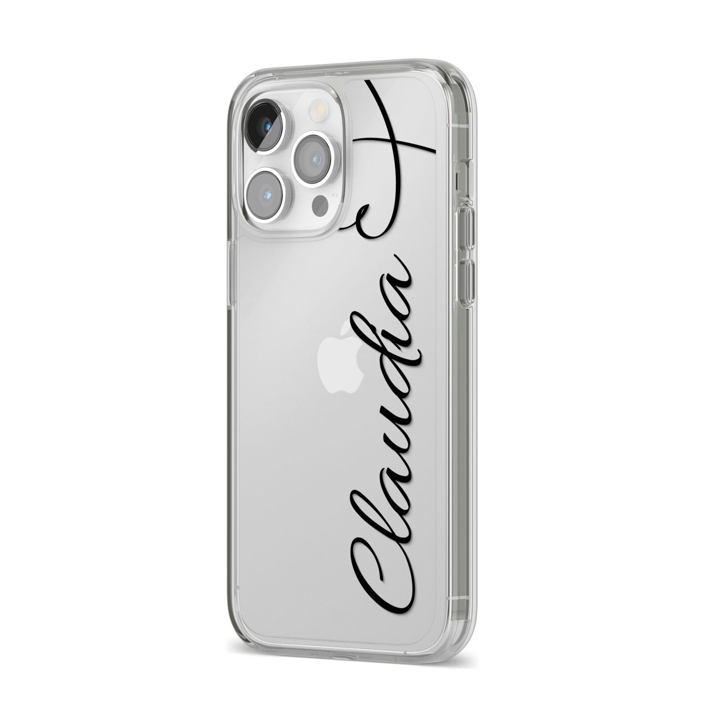 Personalised Heart Name iPhone 14 Pro Max Clear Tough Case Silver Angled Image