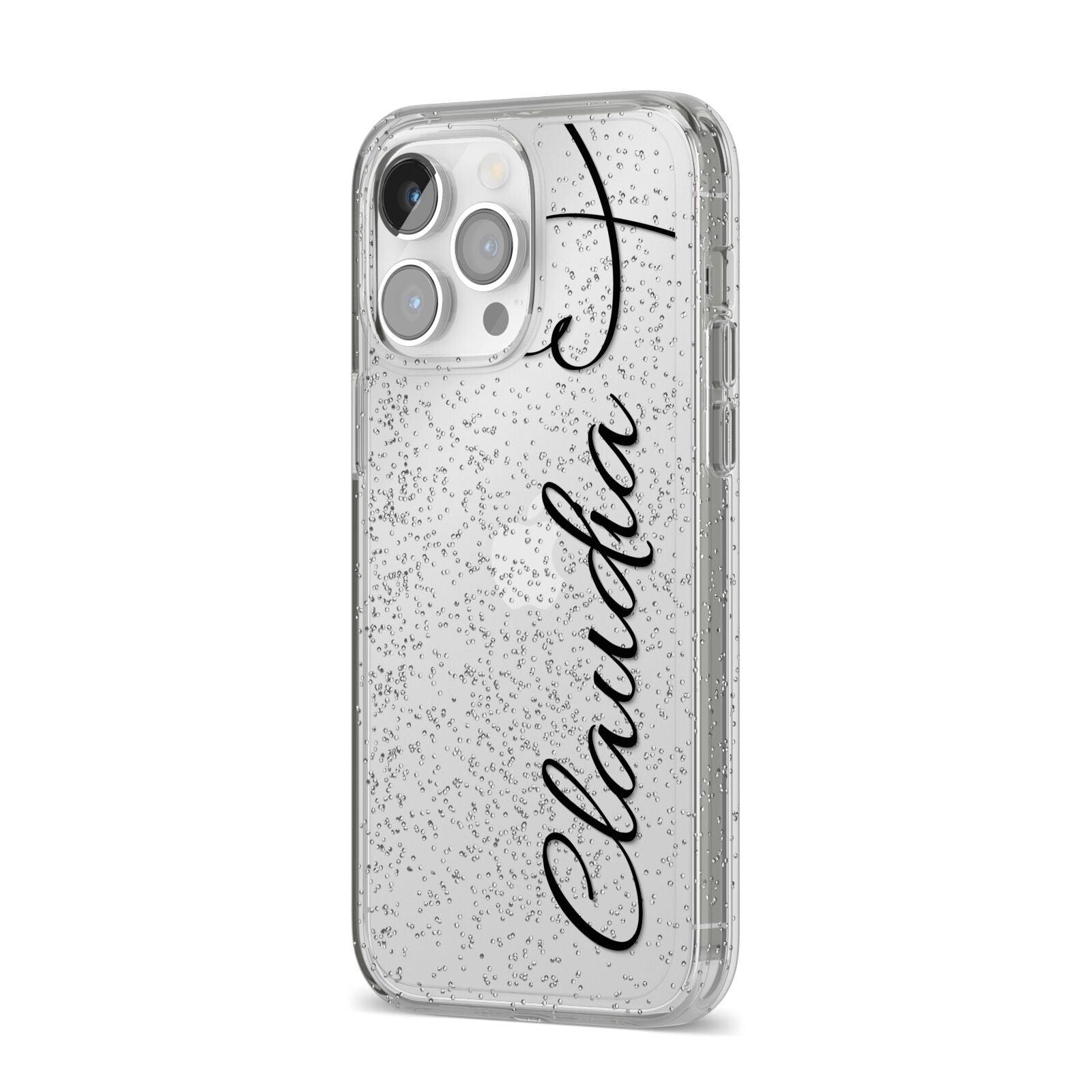 Personalised Heart Name iPhone 14 Pro Max Glitter Tough Case Silver Angled Image