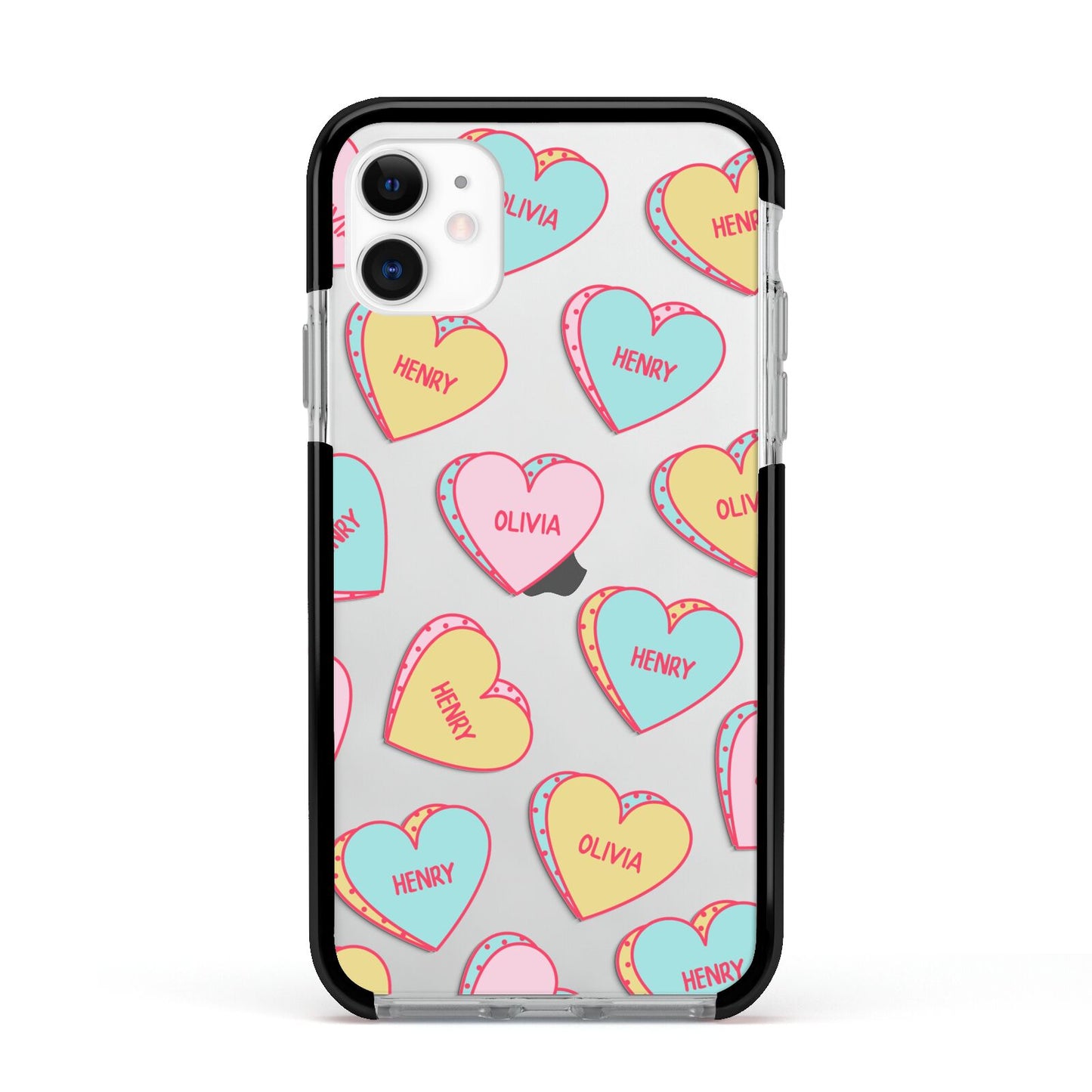 Personalised Heart Sweets Apple iPhone 11 in White with Black Impact Case