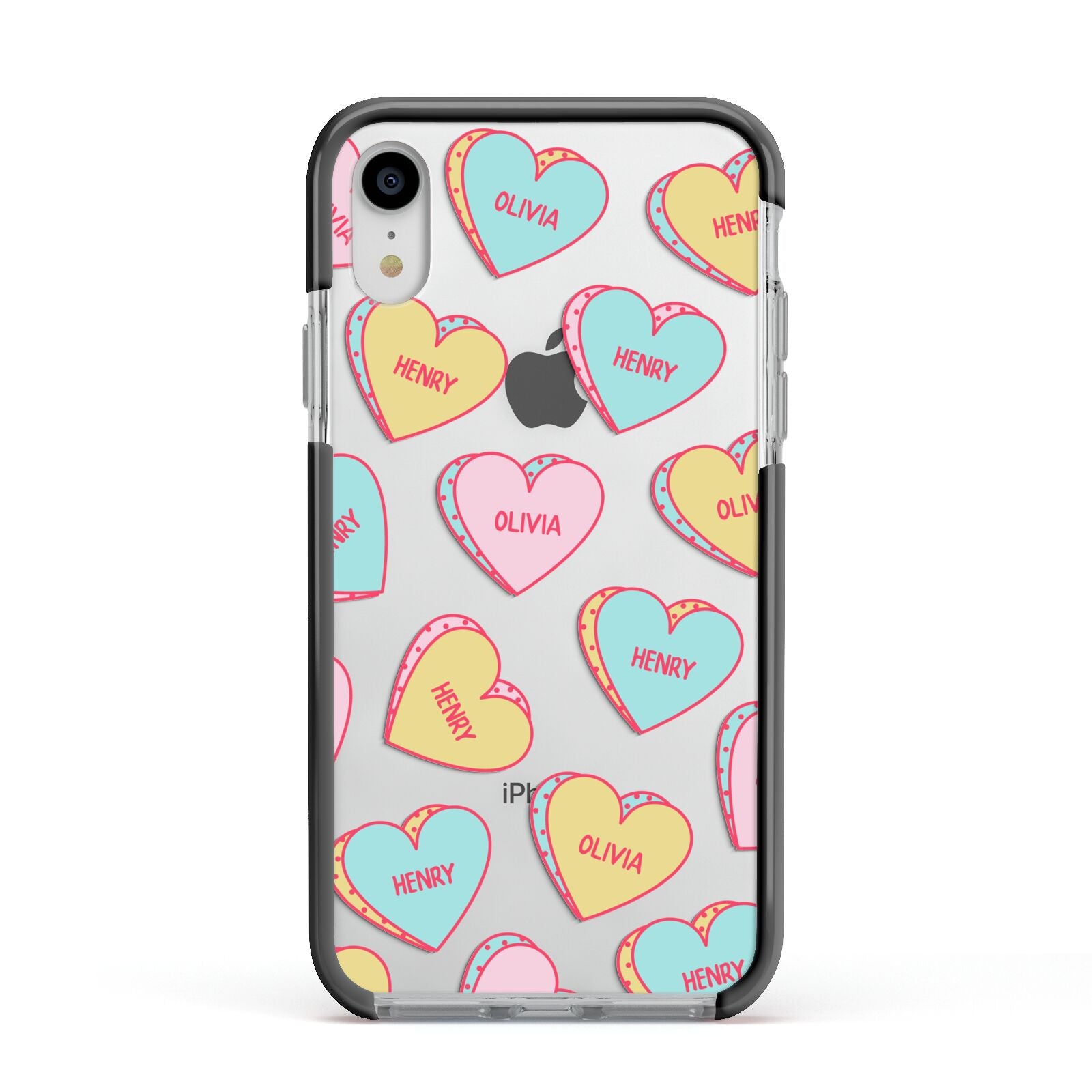 Personalised Heart Sweets Apple iPhone XR Impact Case Black Edge on Silver Phone