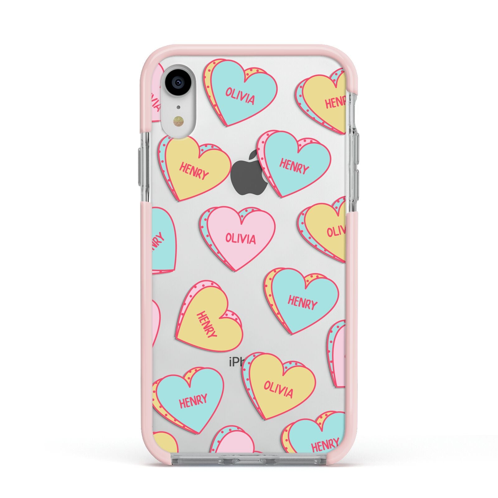 Personalised Heart Sweets Apple iPhone XR Impact Case Pink Edge on Silver Phone