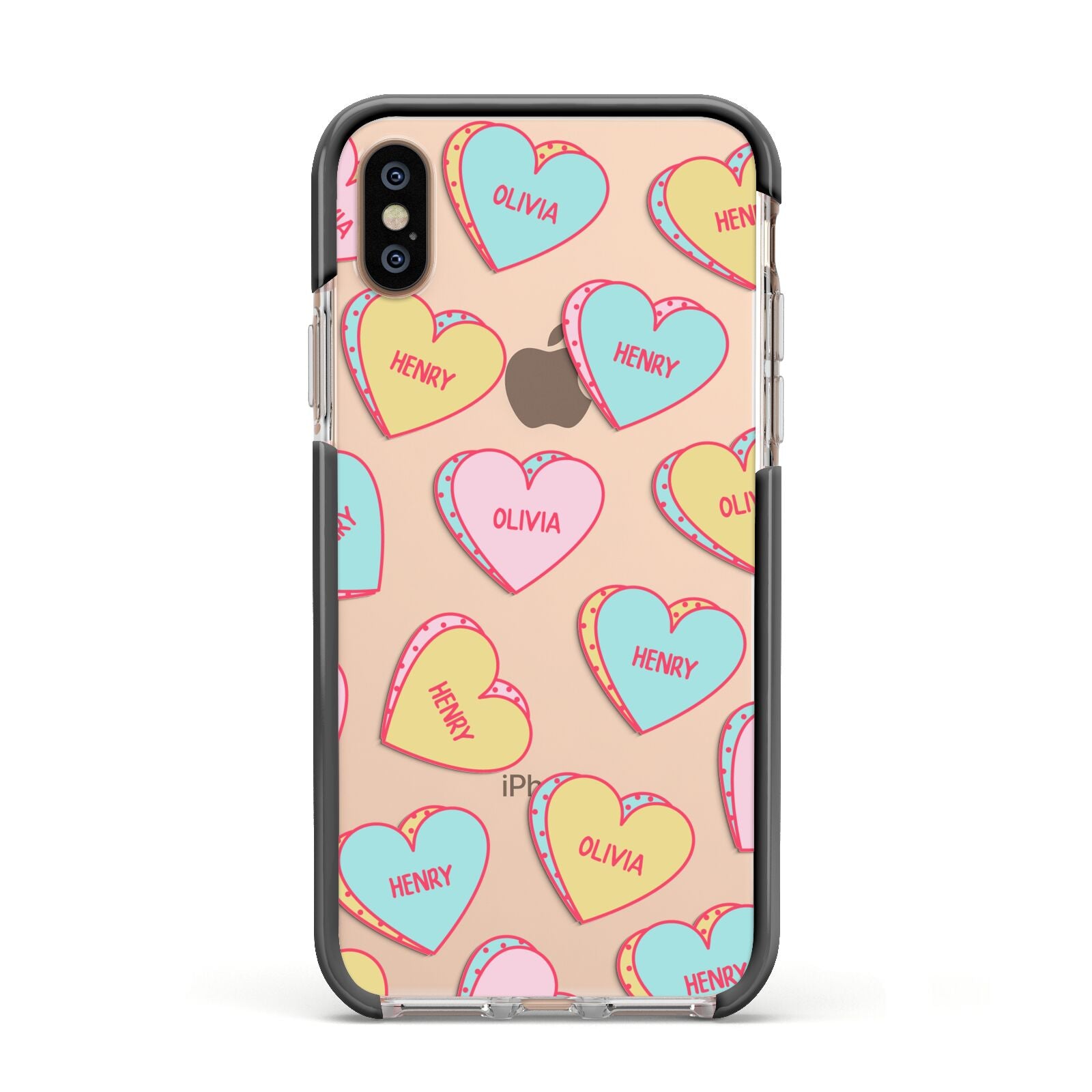 Personalised Heart Sweets Apple iPhone Xs Impact Case Black Edge on Gold Phone