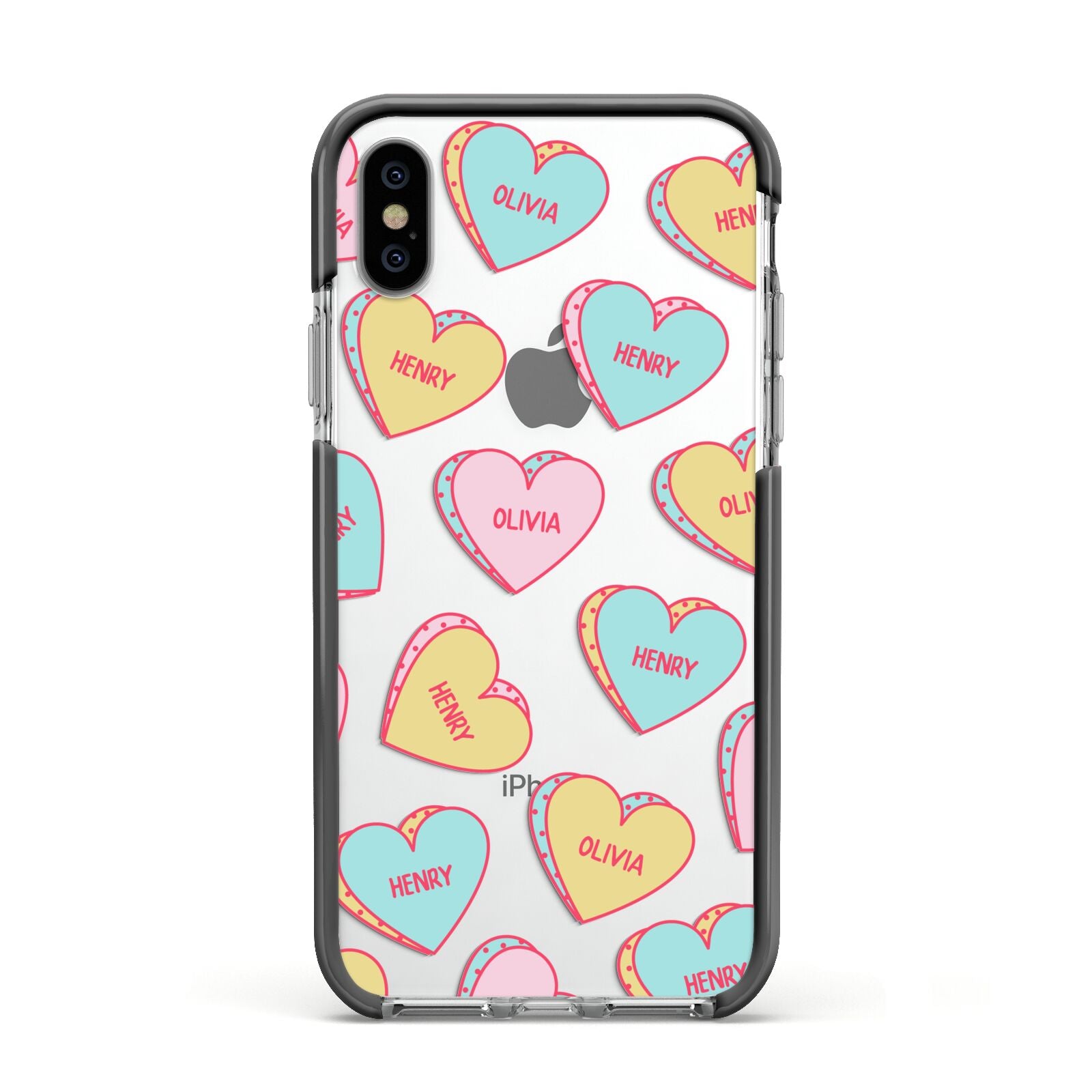Personalised Heart Sweets Apple iPhone Xs Impact Case Black Edge on Silver Phone
