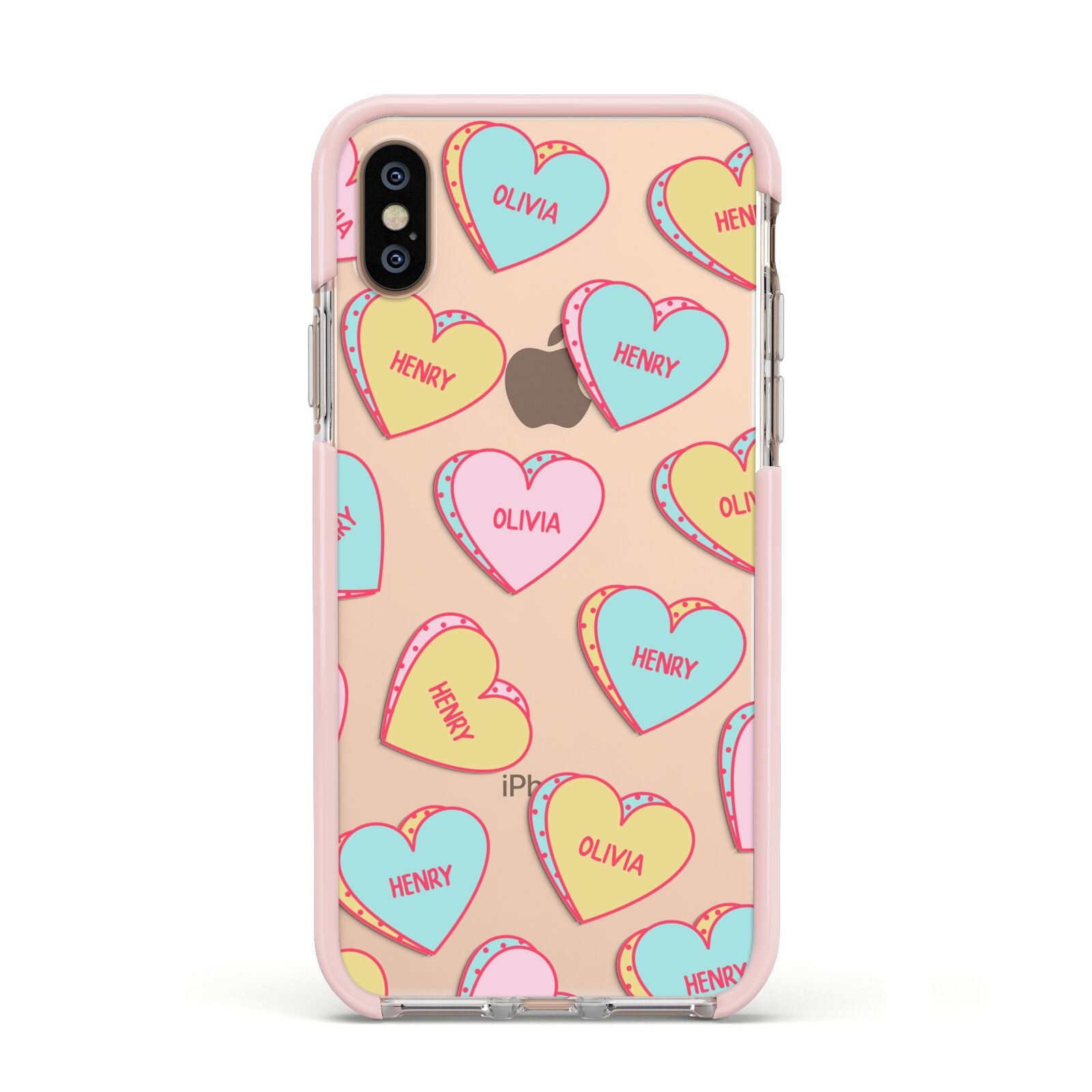 Personalised Heart Sweets Apple iPhone Xs Impact Case Pink Edge on Gold Phone