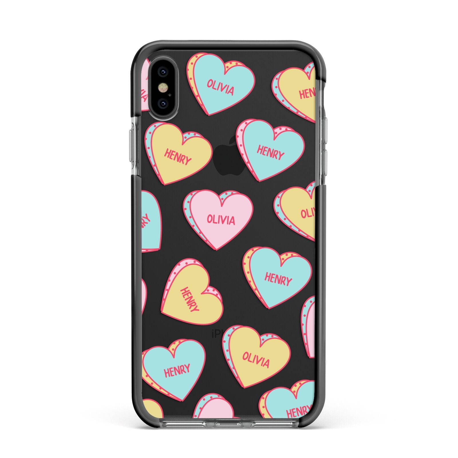 Personalised Heart Sweets Apple iPhone Xs Max Impact Case Black Edge on Black Phone