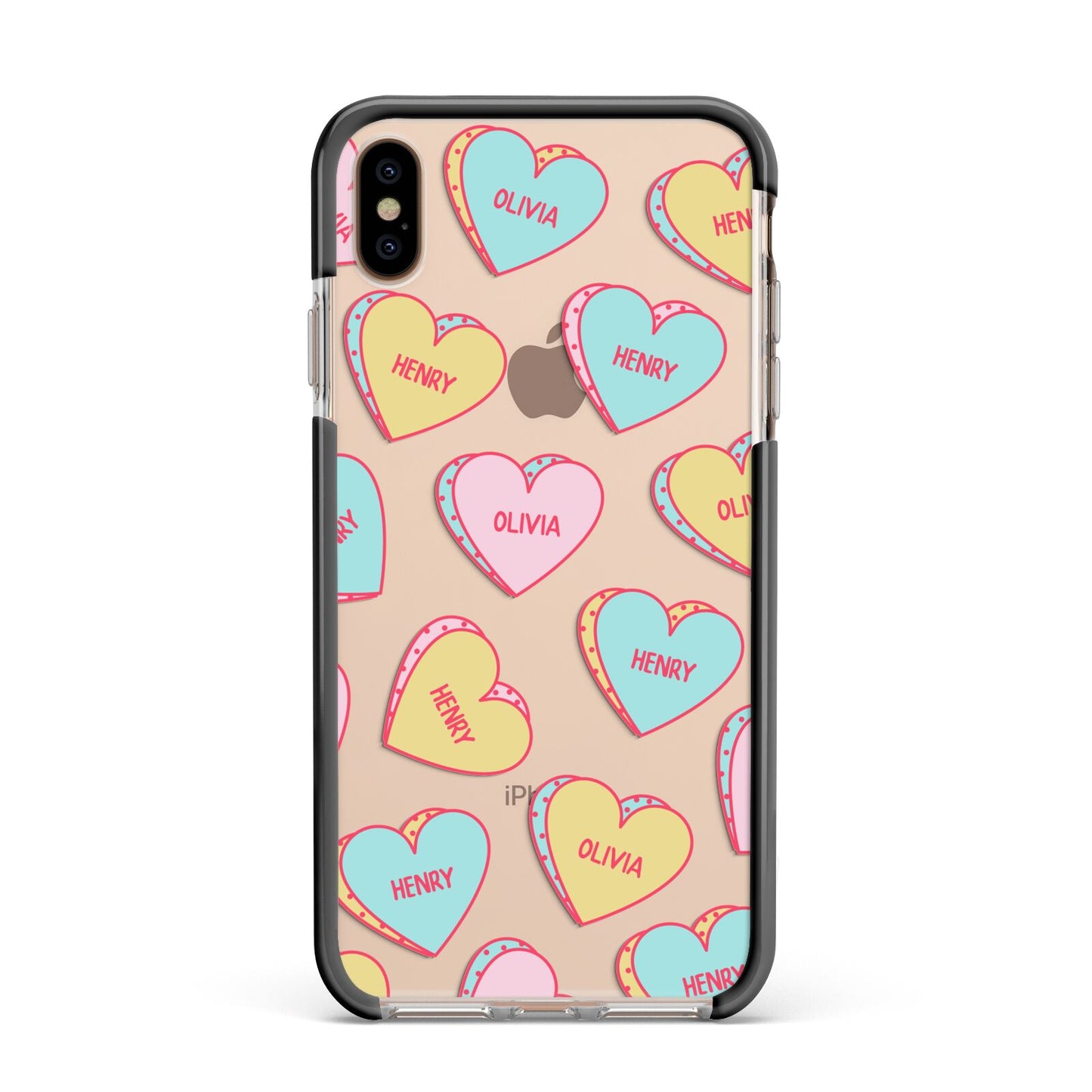Personalised Heart Sweets Apple iPhone Xs Max Impact Case Black Edge on Gold Phone