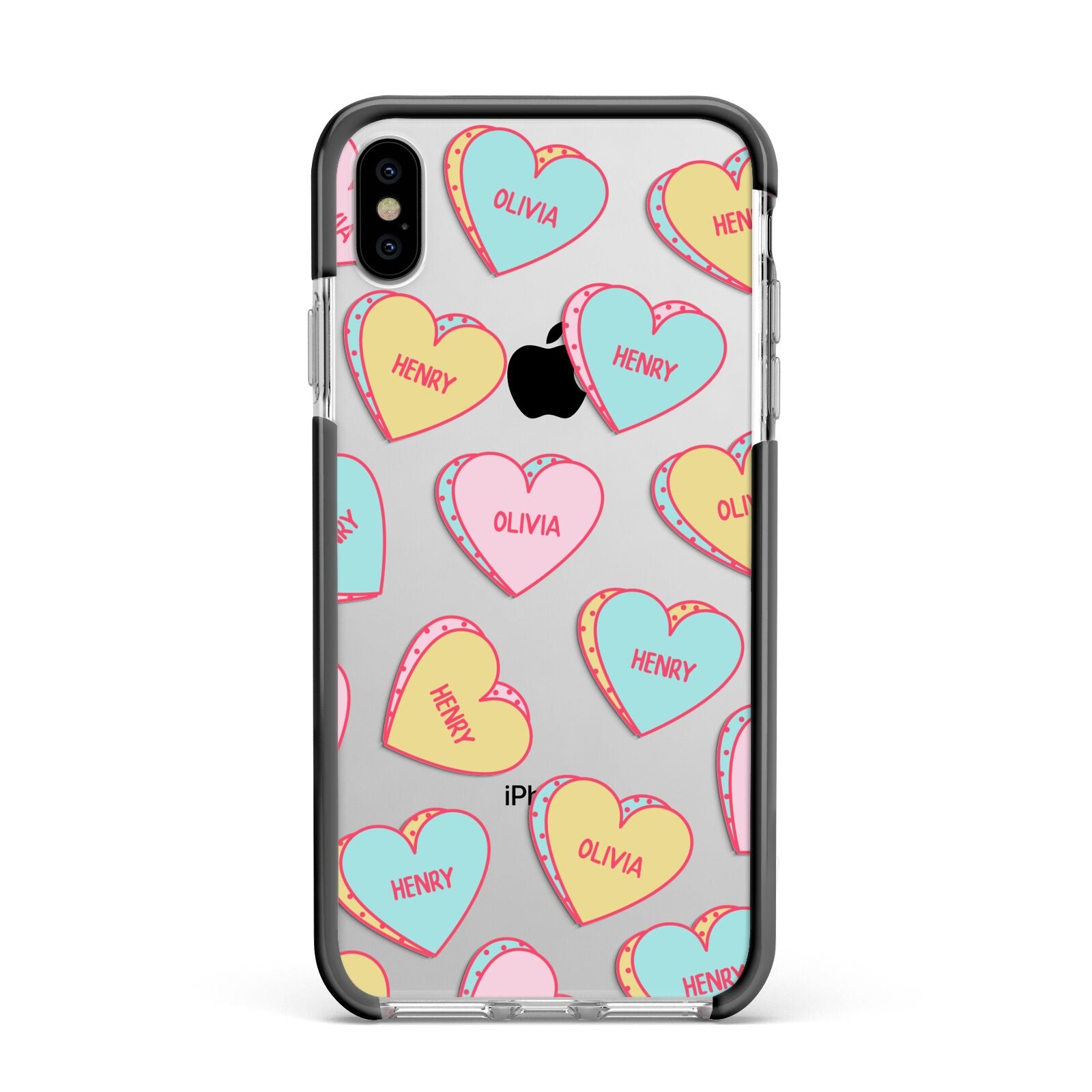 Personalised Heart Sweets Apple iPhone Xs Max Impact Case Black Edge on Silver Phone