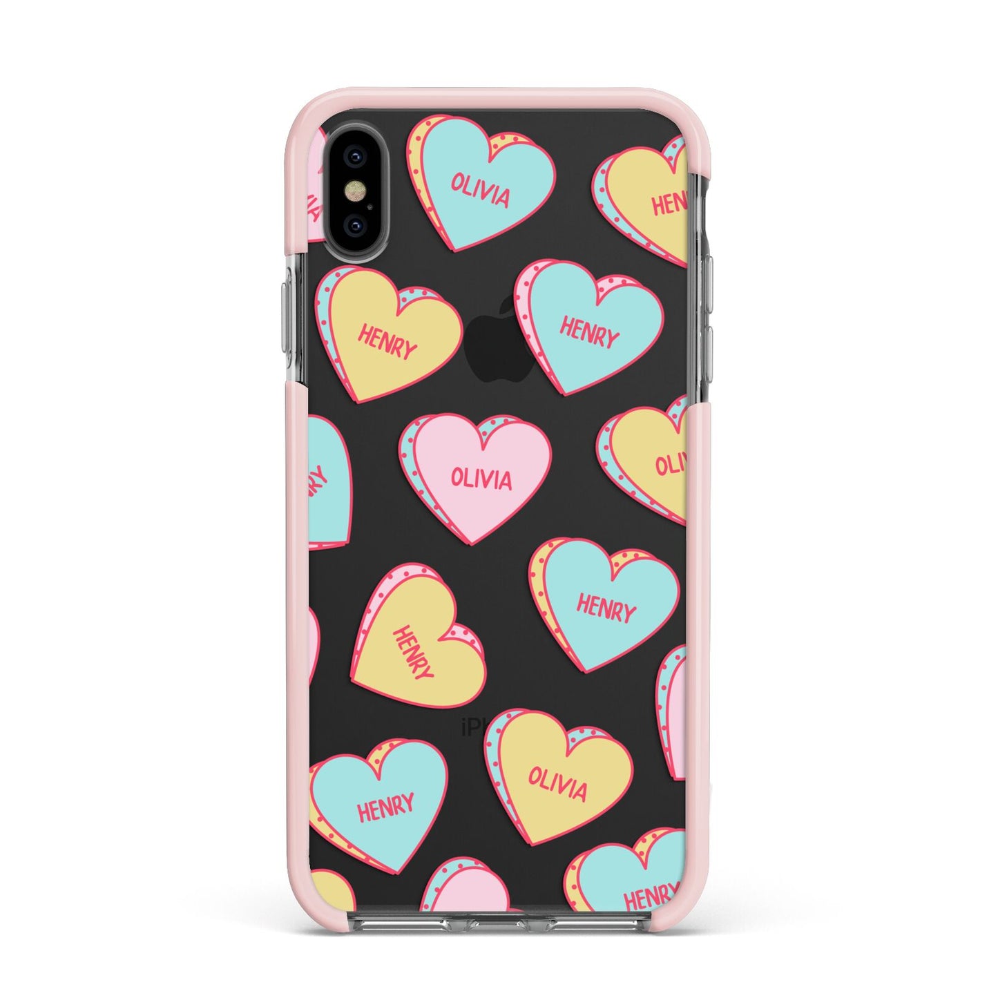 Personalised Heart Sweets Apple iPhone Xs Max Impact Case Pink Edge on Black Phone