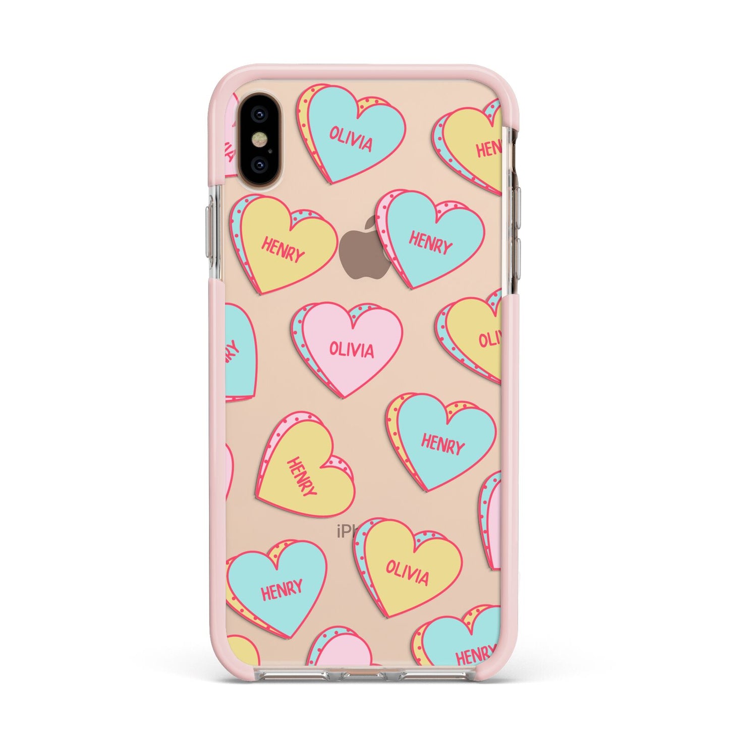 Personalised Heart Sweets Apple iPhone Xs Max Impact Case Pink Edge on Gold Phone