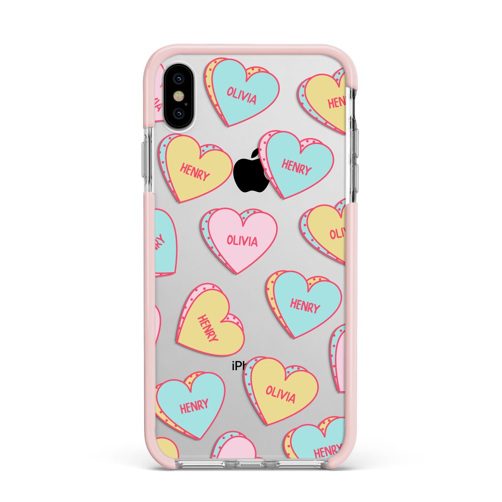 Personalised Heart Sweets Apple iPhone Xs Max Impact Case Pink Edge on Silver Phone