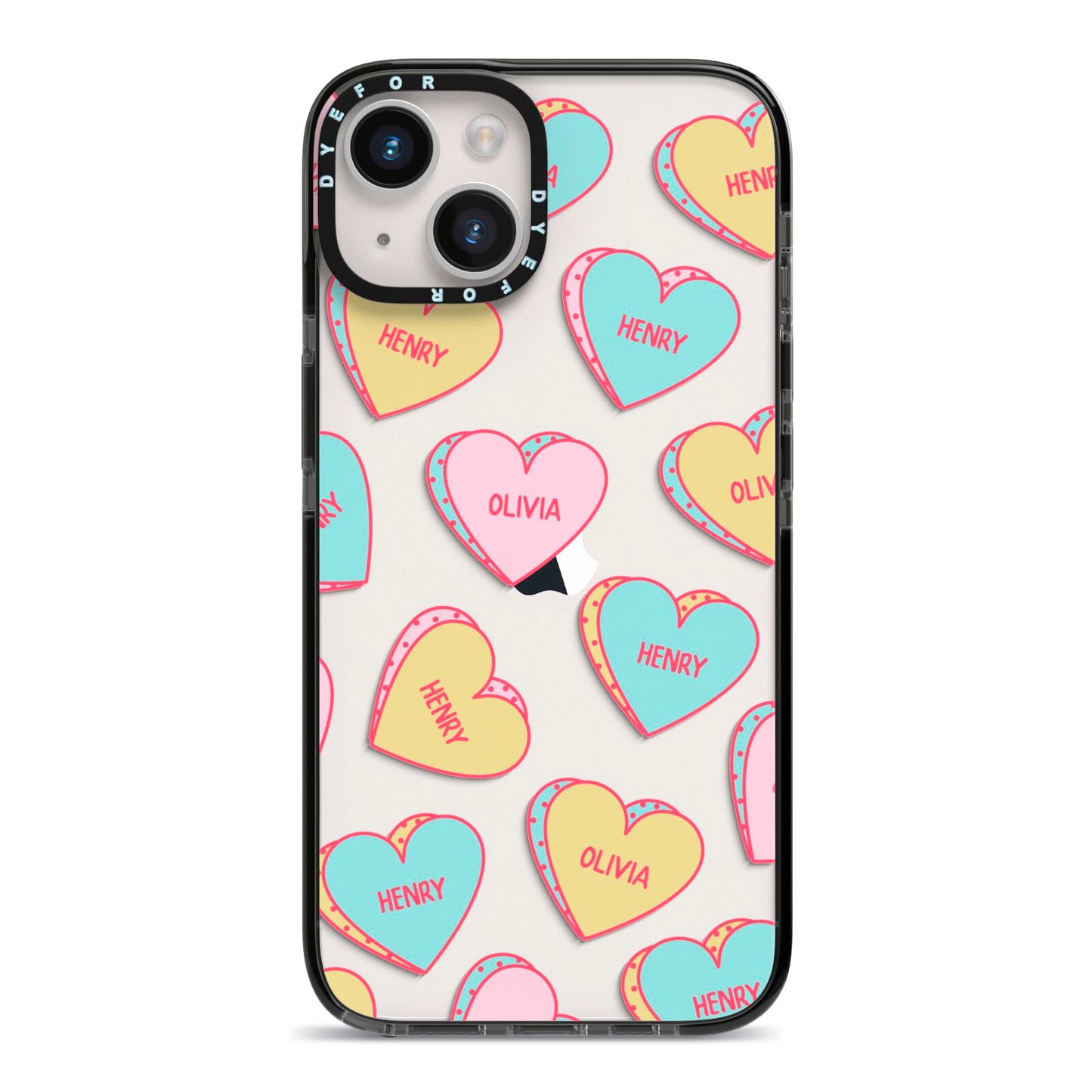 Personalised Heart Sweets iPhone 14 Black Impact Case on Silver phone
