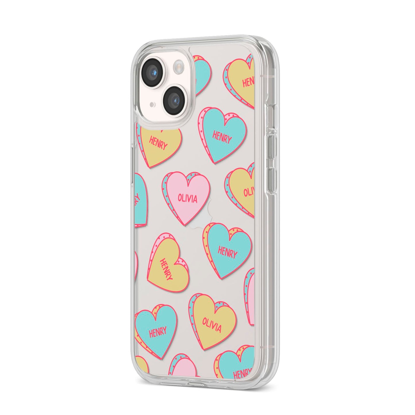 Personalised Heart Sweets iPhone 14 Clear Tough Case Starlight Angled Image