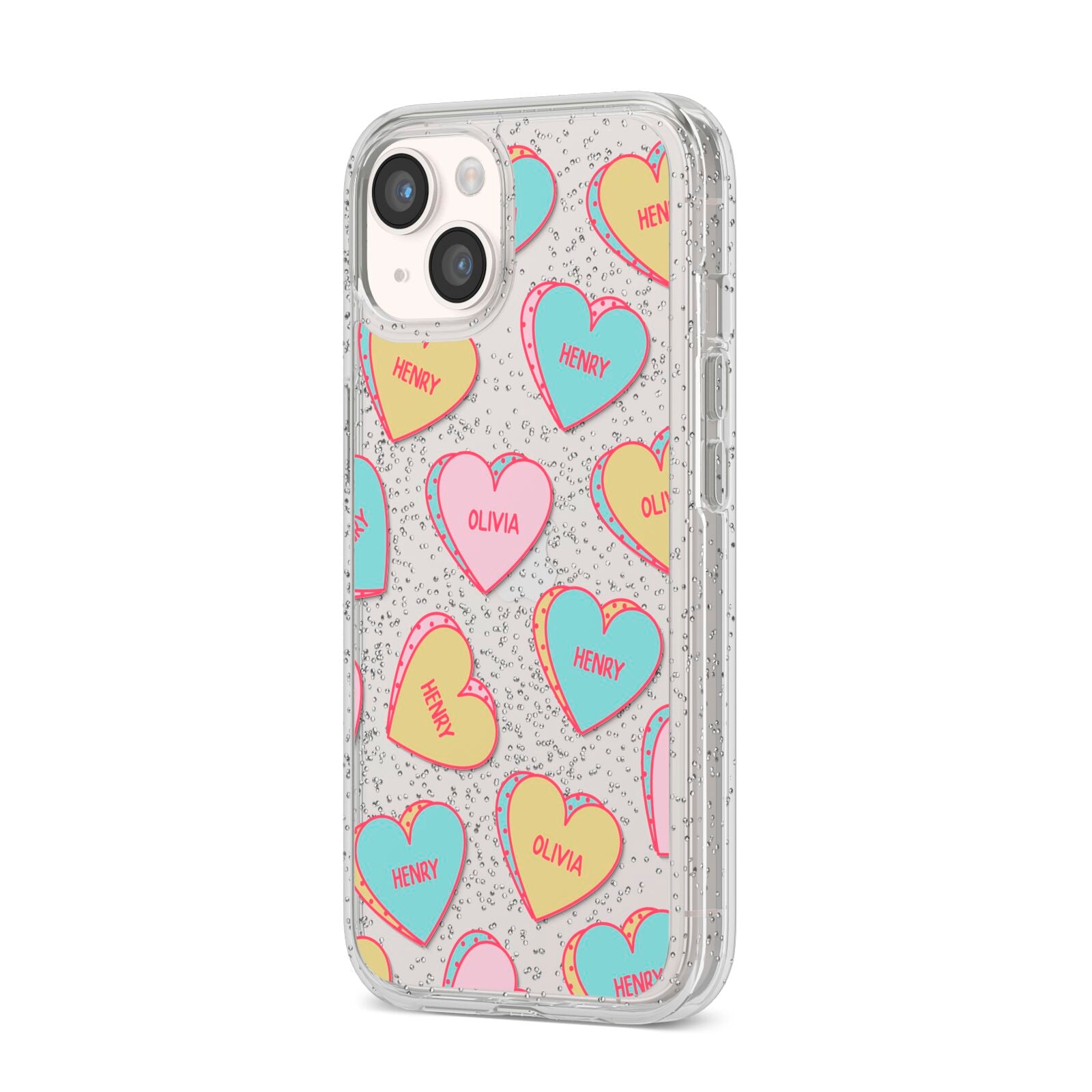 Personalised Heart Sweets iPhone 14 Glitter Tough Case Starlight Angled Image