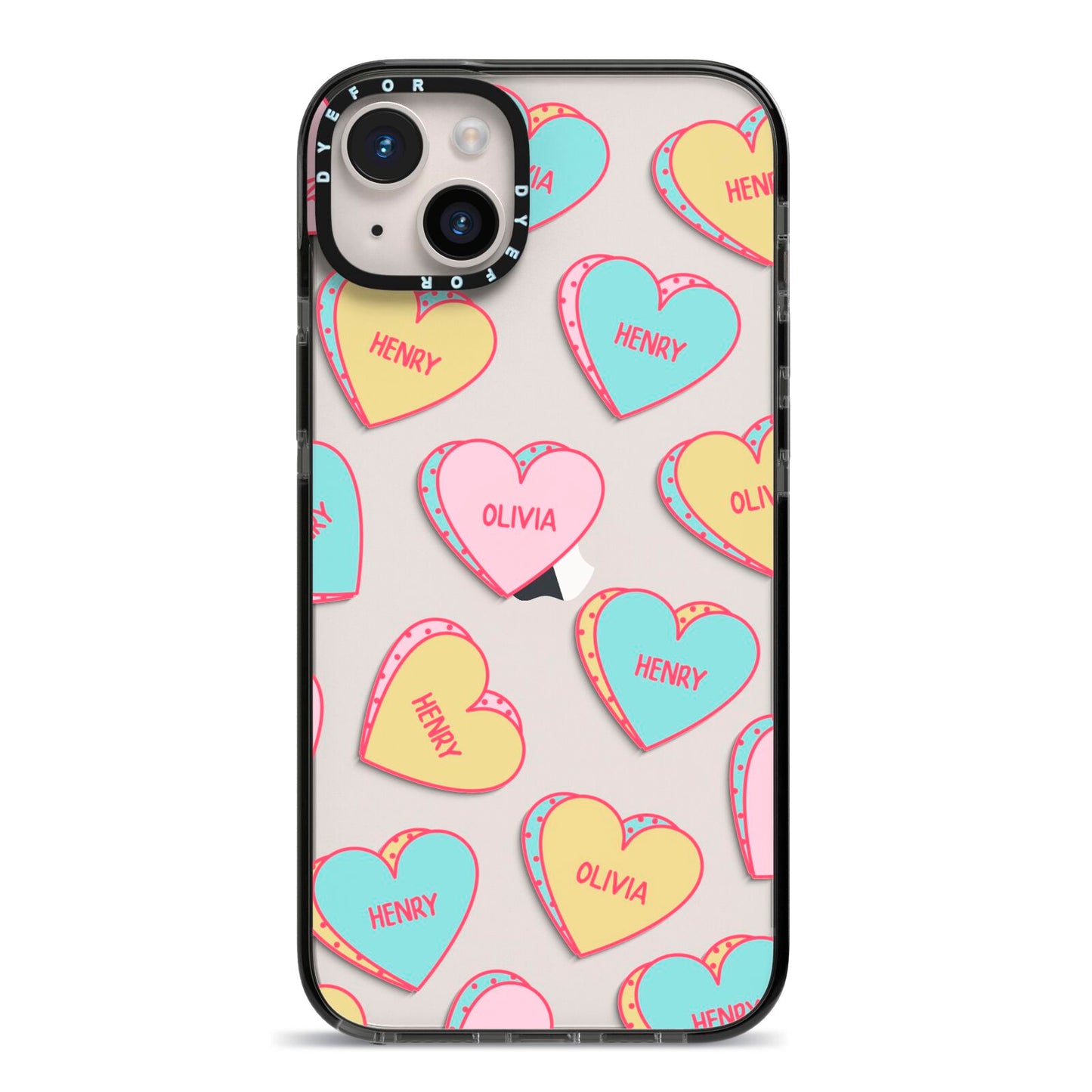 Personalised Heart Sweets iPhone 14 Plus Black Impact Case on Silver phone