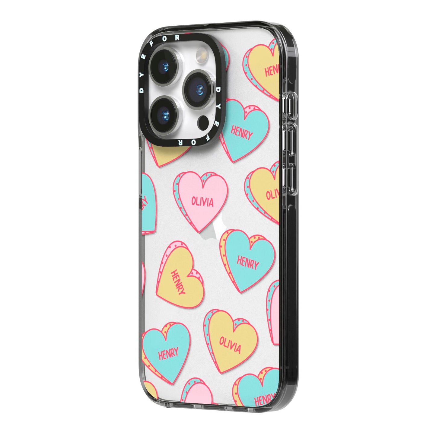 Personalised Heart Sweets iPhone 14 Pro Black Impact Case Side Angle on Silver phone