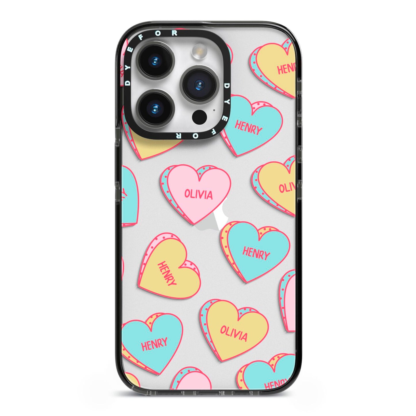 Personalised Heart Sweets iPhone 14 Pro Black Impact Case on Silver phone