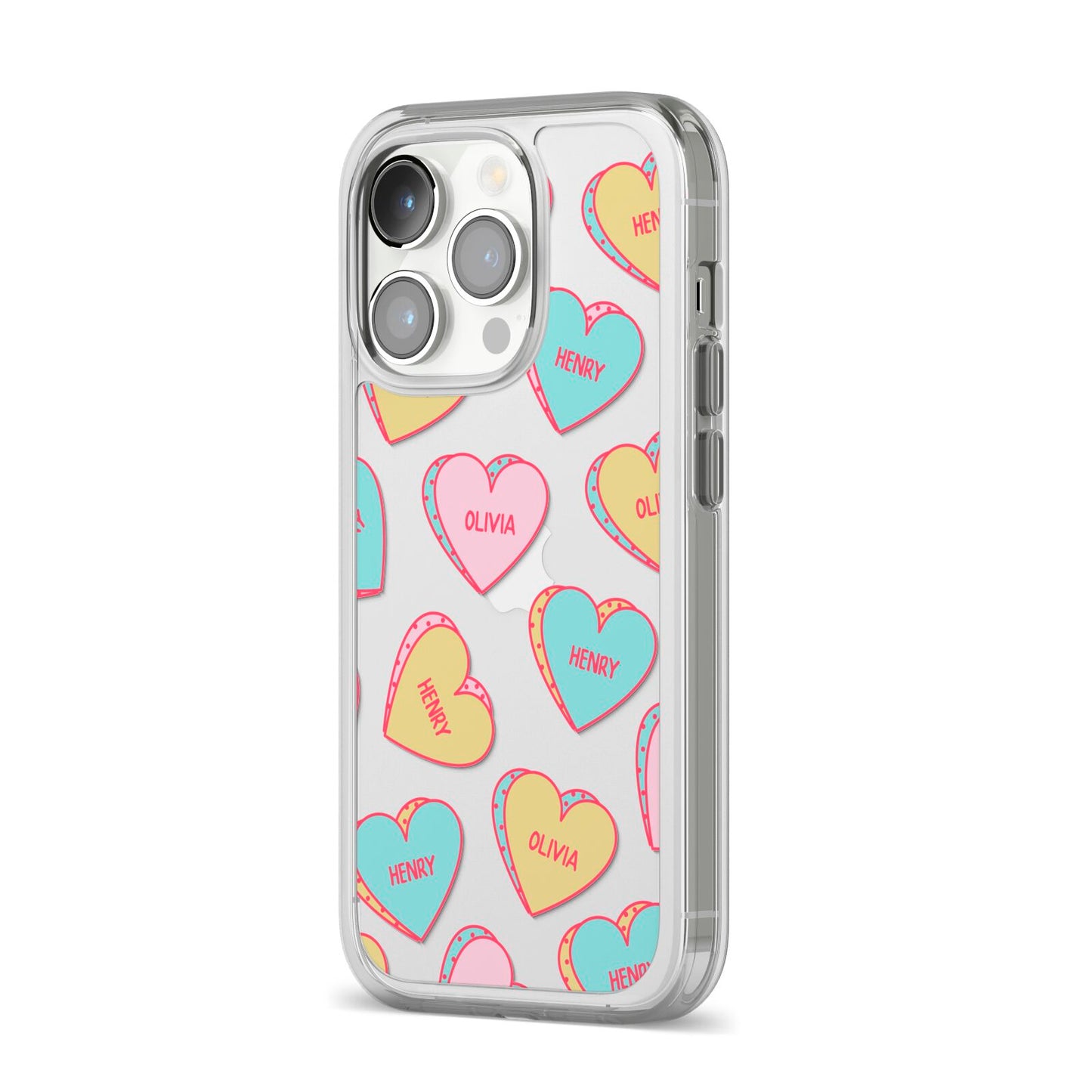 Personalised Heart Sweets iPhone 14 Pro Clear Tough Case Silver Angled Image