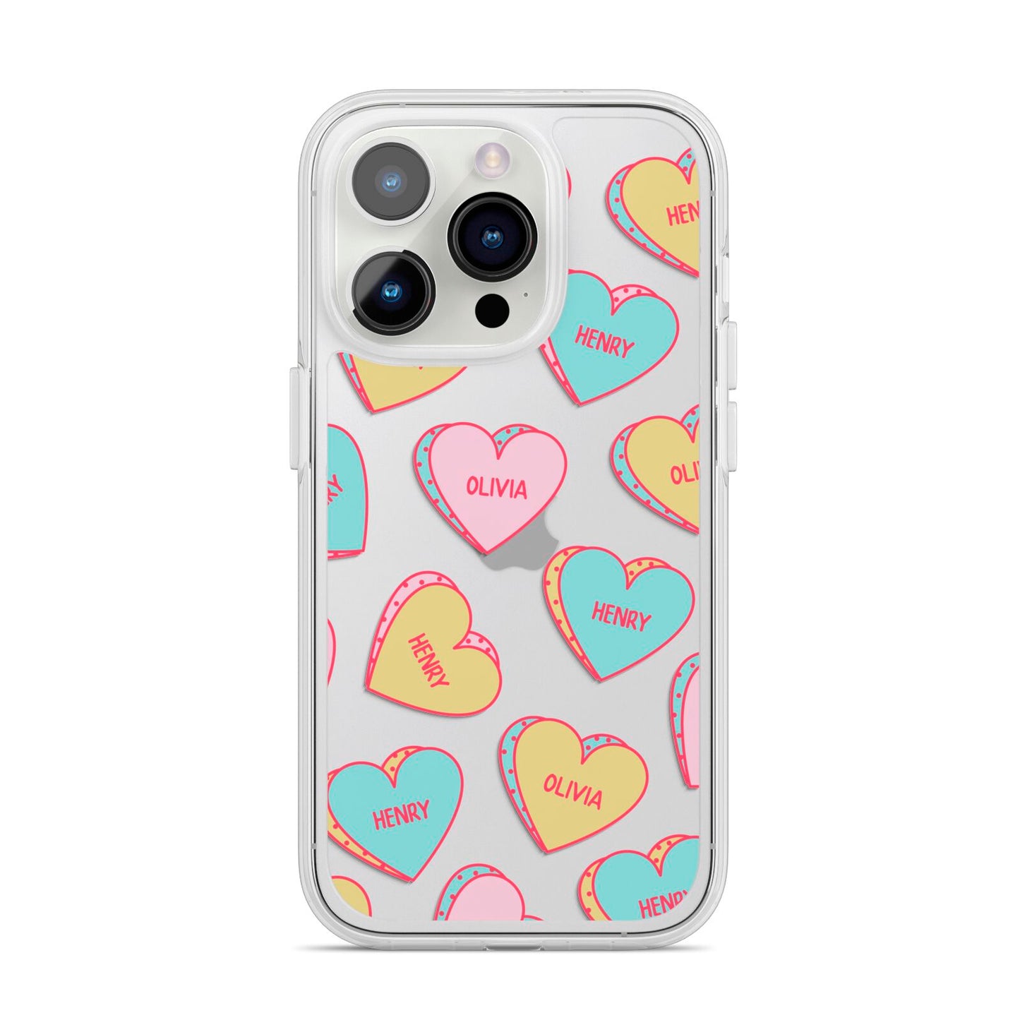 Personalised Heart Sweets iPhone 14 Pro Clear Tough Case Silver