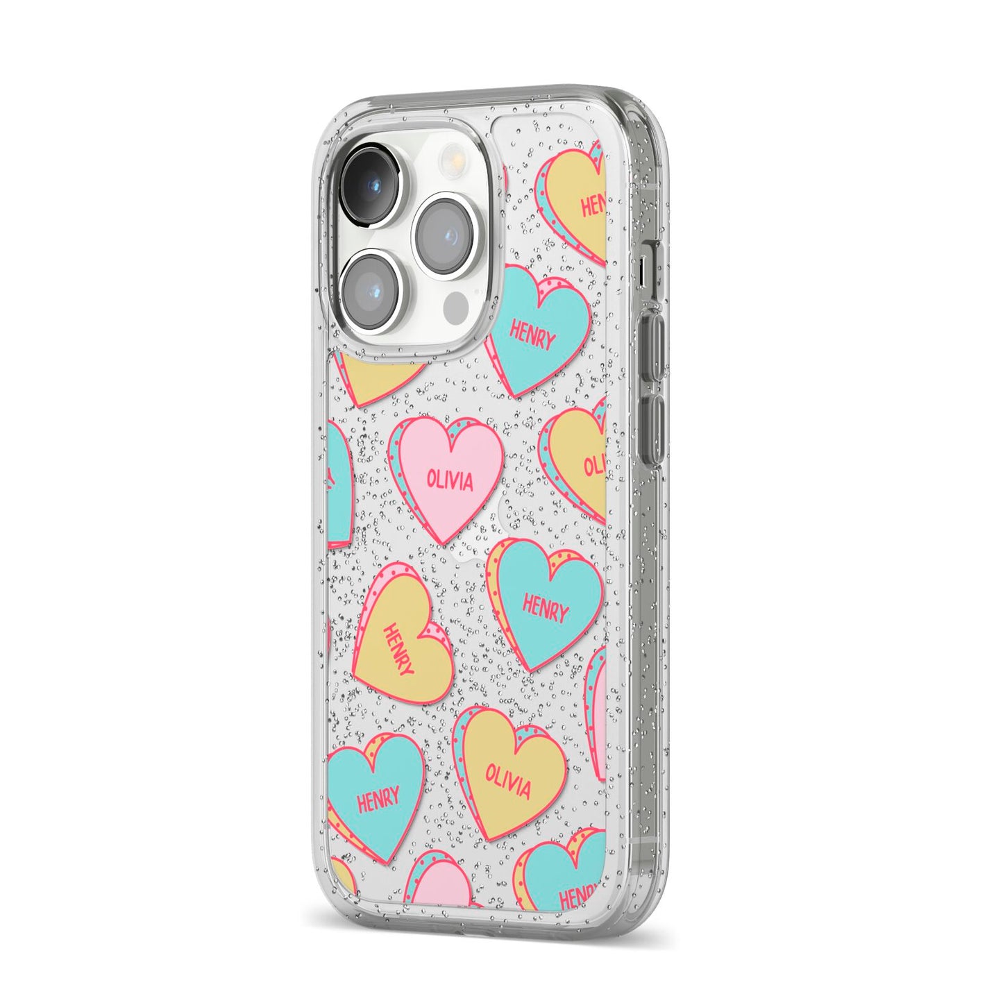 Personalised Heart Sweets iPhone 14 Pro Glitter Tough Case Silver Angled Image