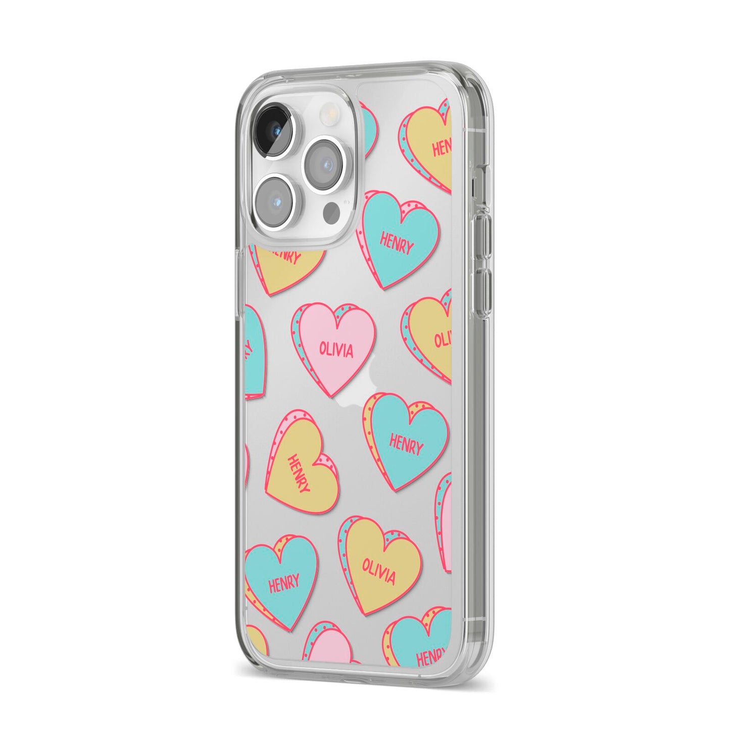 Personalised Heart Sweets iPhone 14 Pro Max Clear Tough Case Silver Angled Image