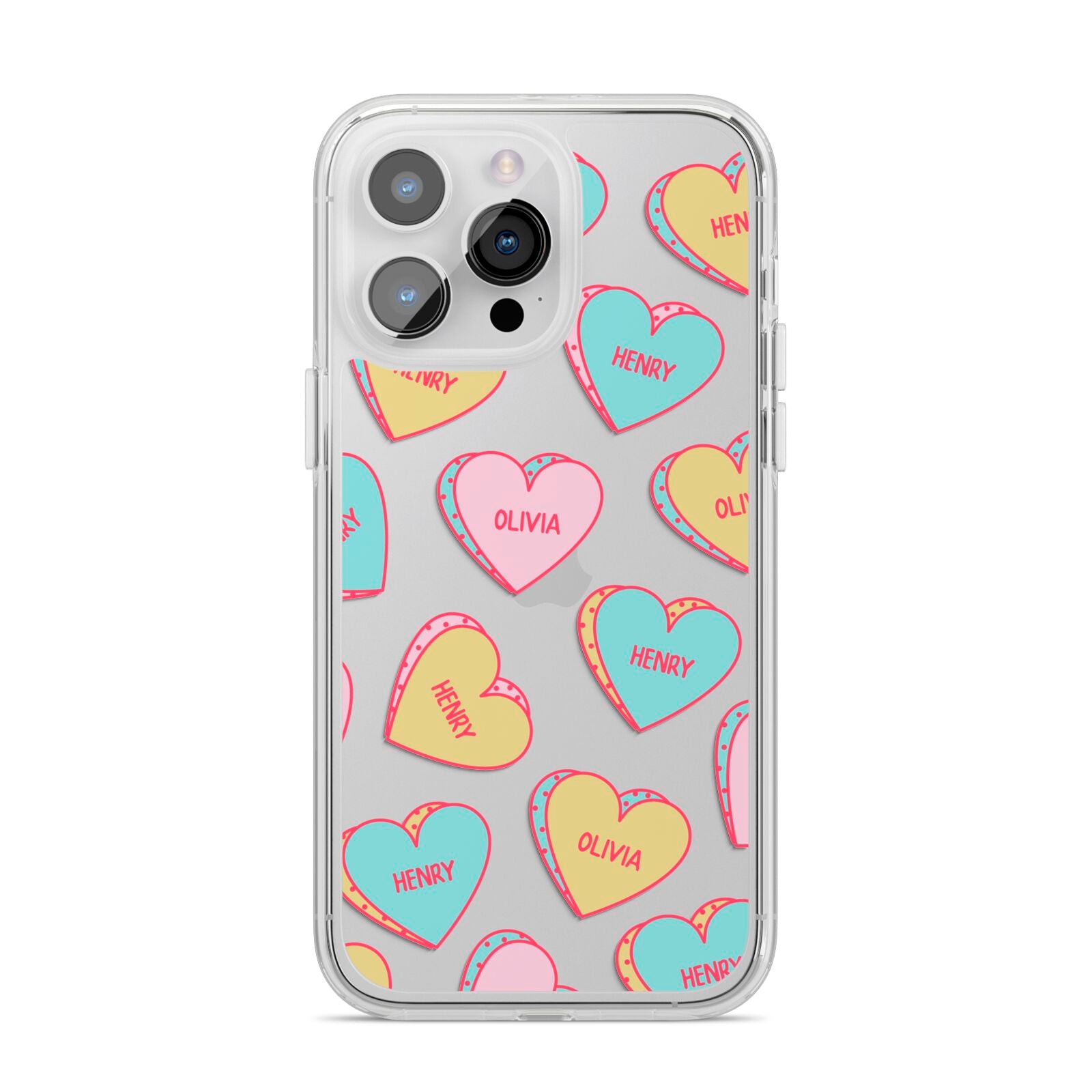 Personalised Heart Sweets iPhone 14 Pro Max Clear Tough Case Silver