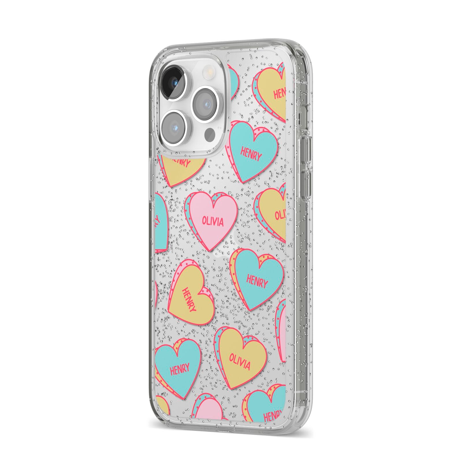 Personalised Heart Sweets iPhone 14 Pro Max Glitter Tough Case Silver Angled Image