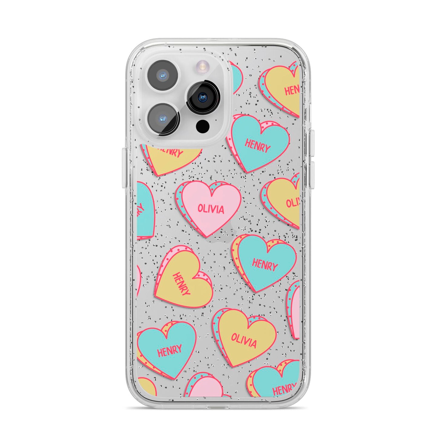 Personalised Heart Sweets iPhone 14 Pro Max Glitter Tough Case Silver