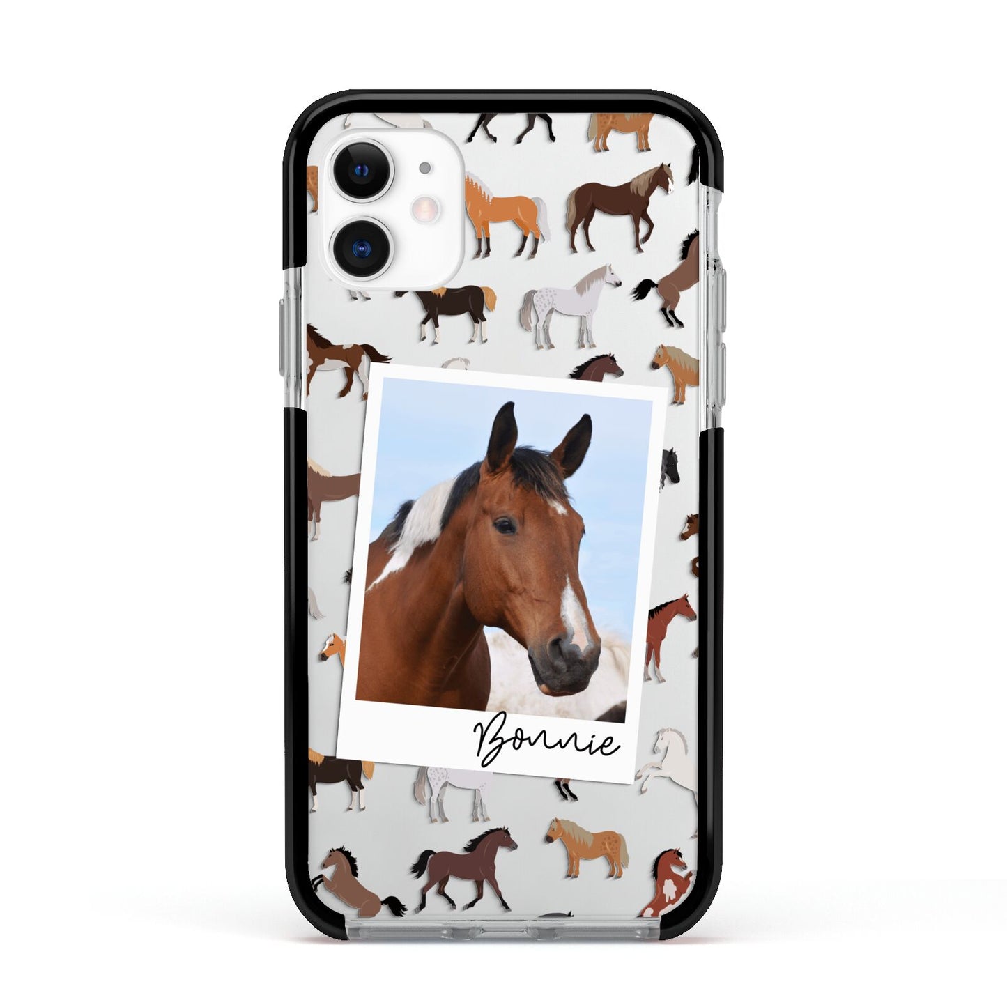 Personalised Horse Photo Apple iPhone 11 in White with Black Impact Case