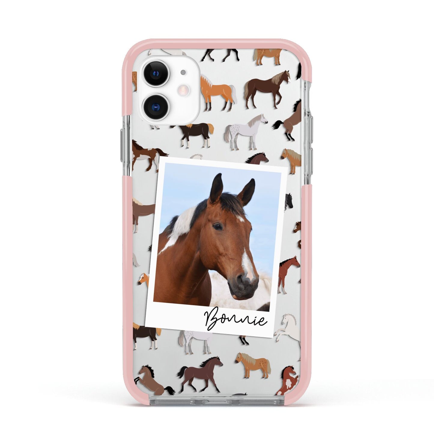 Personalised Horse Photo Apple iPhone 11 in White with Pink Impact Case