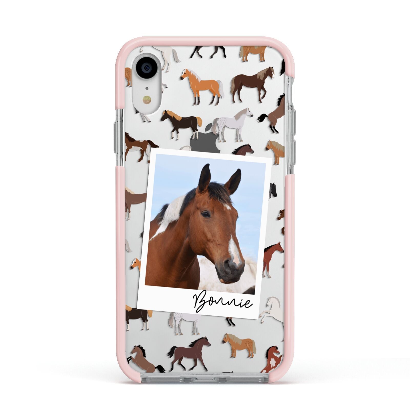 Personalised Horse Photo Apple iPhone XR Impact Case Pink Edge on Silver Phone