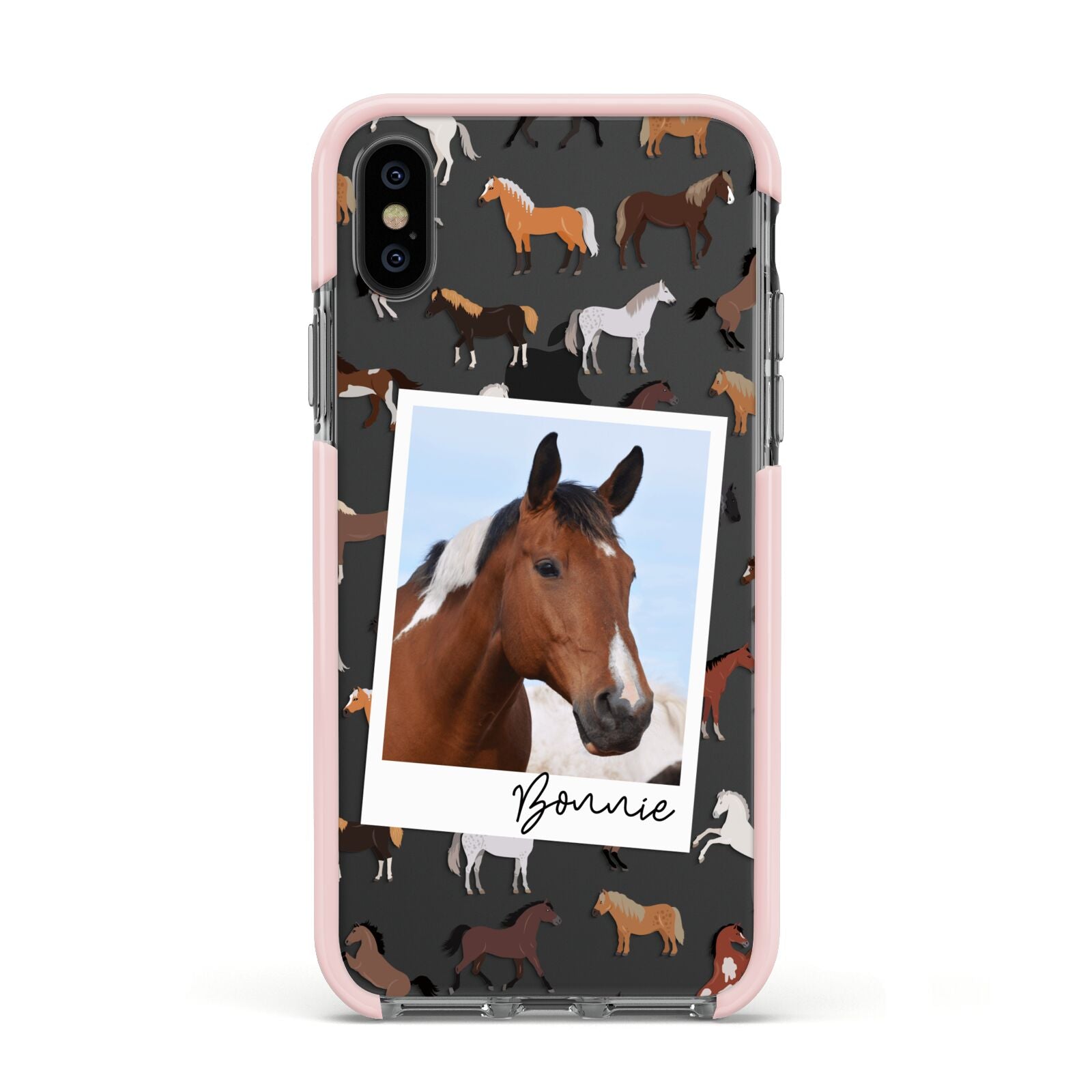 Personalised Horse Photo Apple iPhone Xs Impact Case Pink Edge on Black Phone