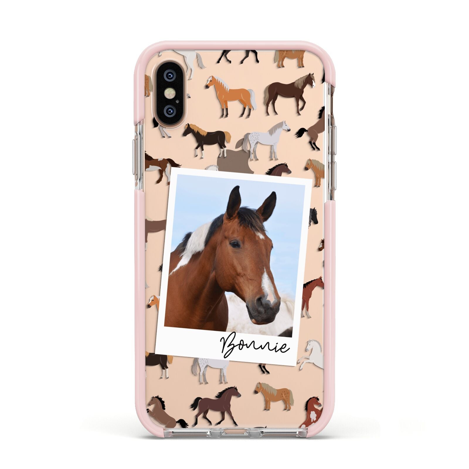 Personalised Horse Photo Apple iPhone Xs Impact Case Pink Edge on Gold Phone