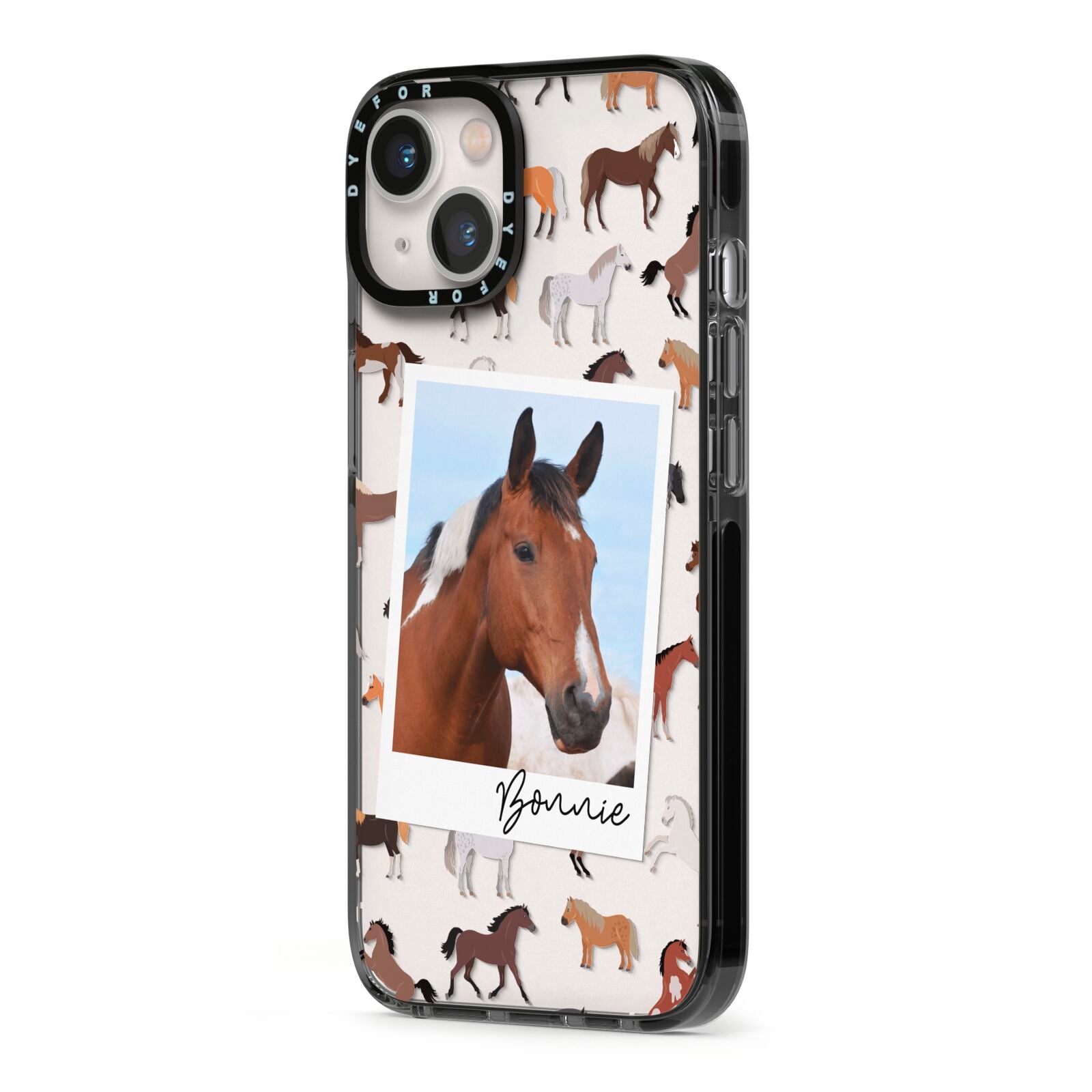 Personalised Horse Photo iPhone 13 Black Impact Case Side Angle on Silver phone