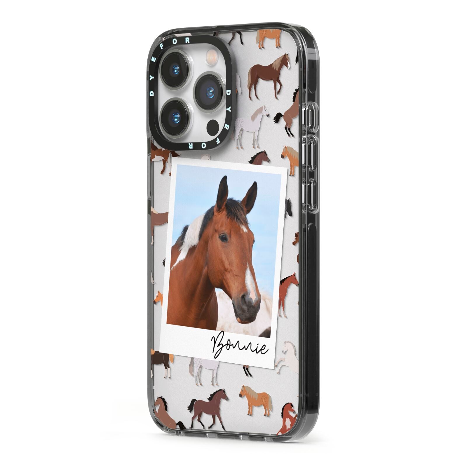 Personalised Horse Photo iPhone 13 Pro Black Impact Case Side Angle on Silver phone