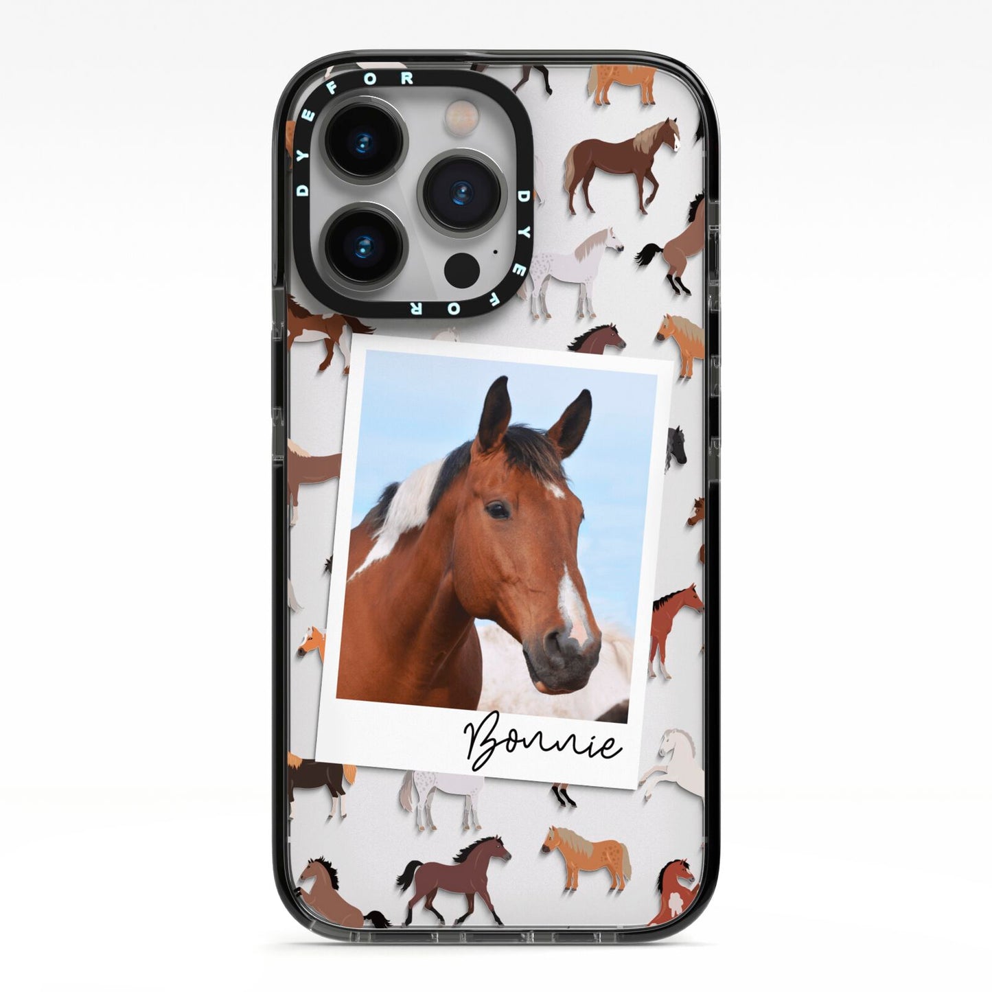 Personalised Horse Photo iPhone 13 Pro Black Impact Case on Silver phone