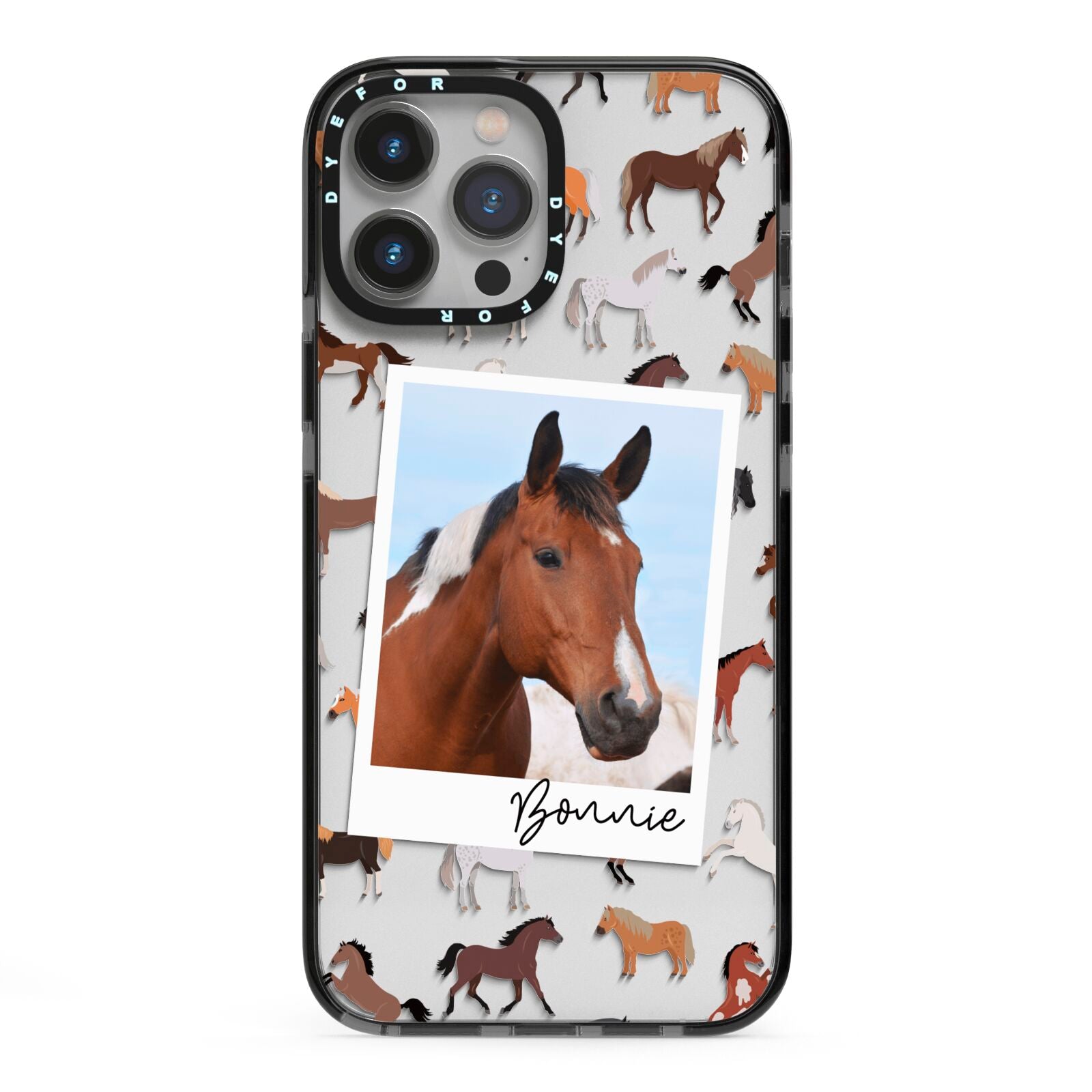 Personalised Horse Photo iPhone 13 Pro Max Black Impact Case on Silver phone