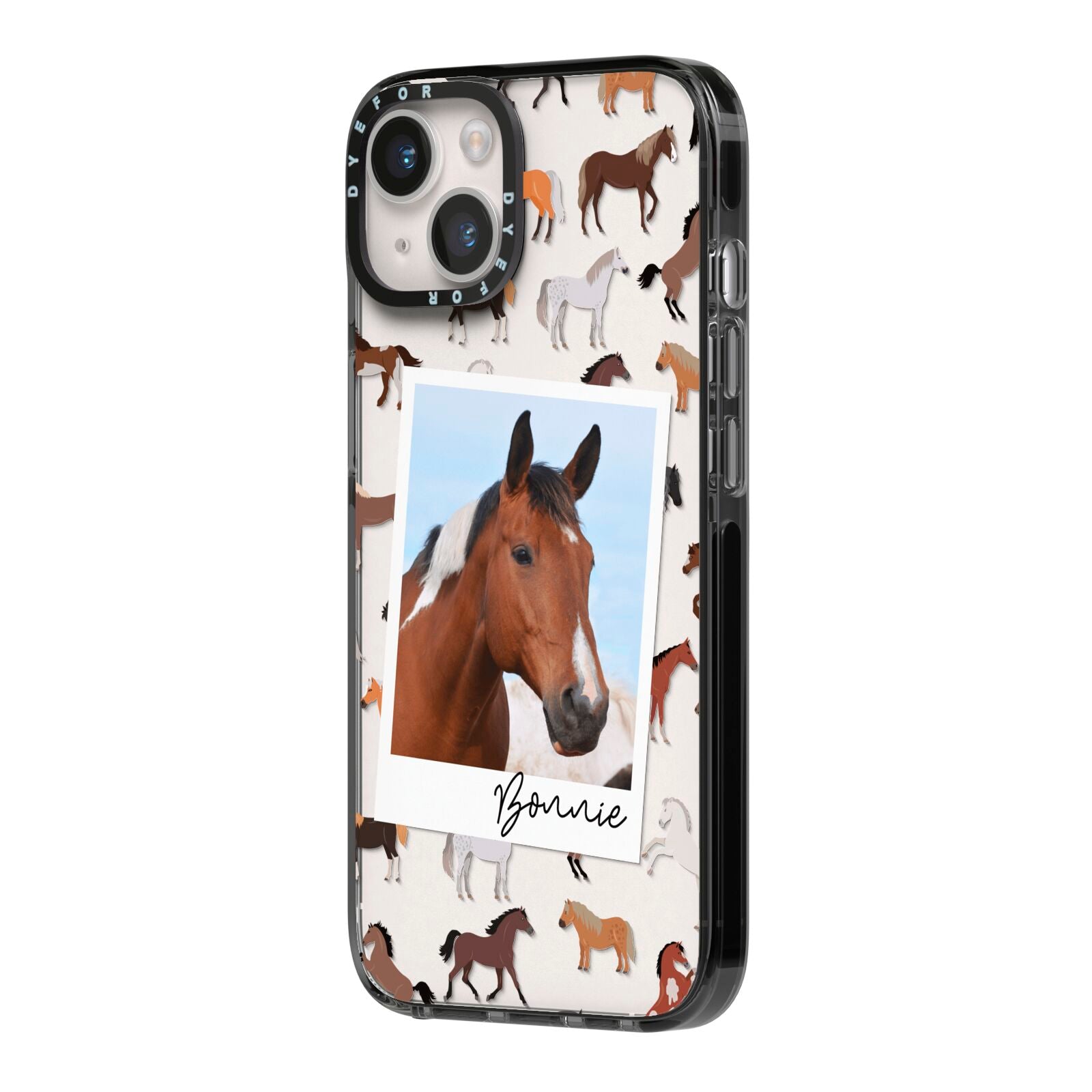 Personalised Horse Photo iPhone 14 Black Impact Case Side Angle on Silver phone