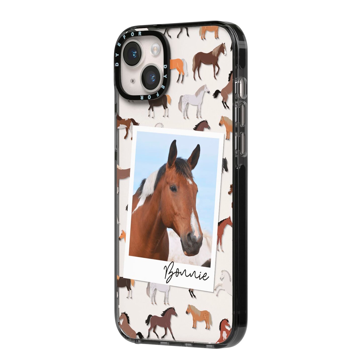 Personalised Horse Photo iPhone 14 Plus Black Impact Case Side Angle on Silver phone