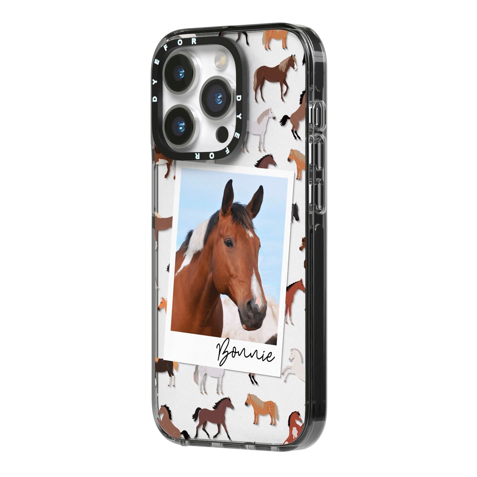 Personalised Horse Photo iPhone 14 Pro Black Impact Case Side Angle on Silver phone