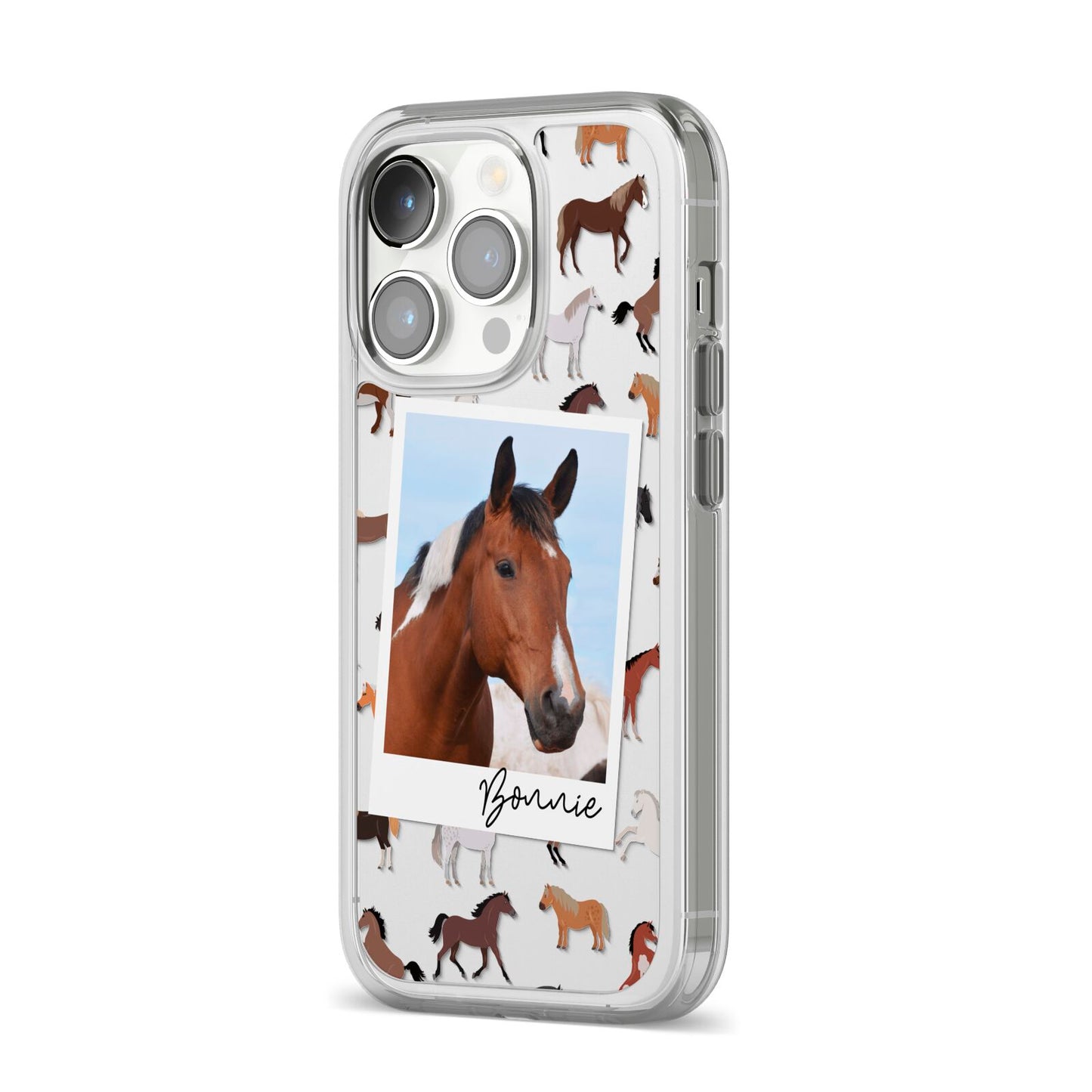 Personalised Horse Photo iPhone 14 Pro Clear Tough Case Silver Angled Image