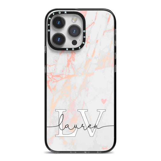 Personalised Initial Pink Marble iPhone 14 Pro Max Black Impact Case on Silver phone