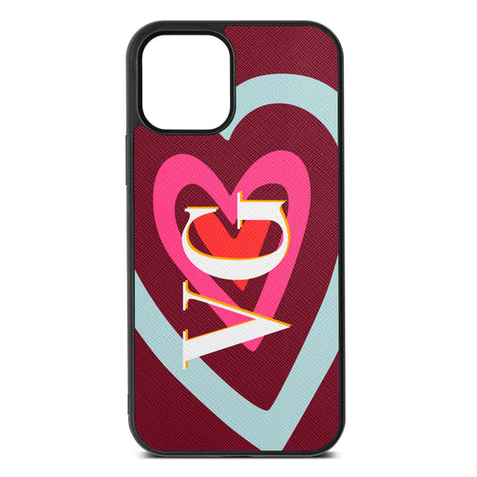 Personalised Initials Heart Wine Red Saffiano Leather iPhone 12 Case
