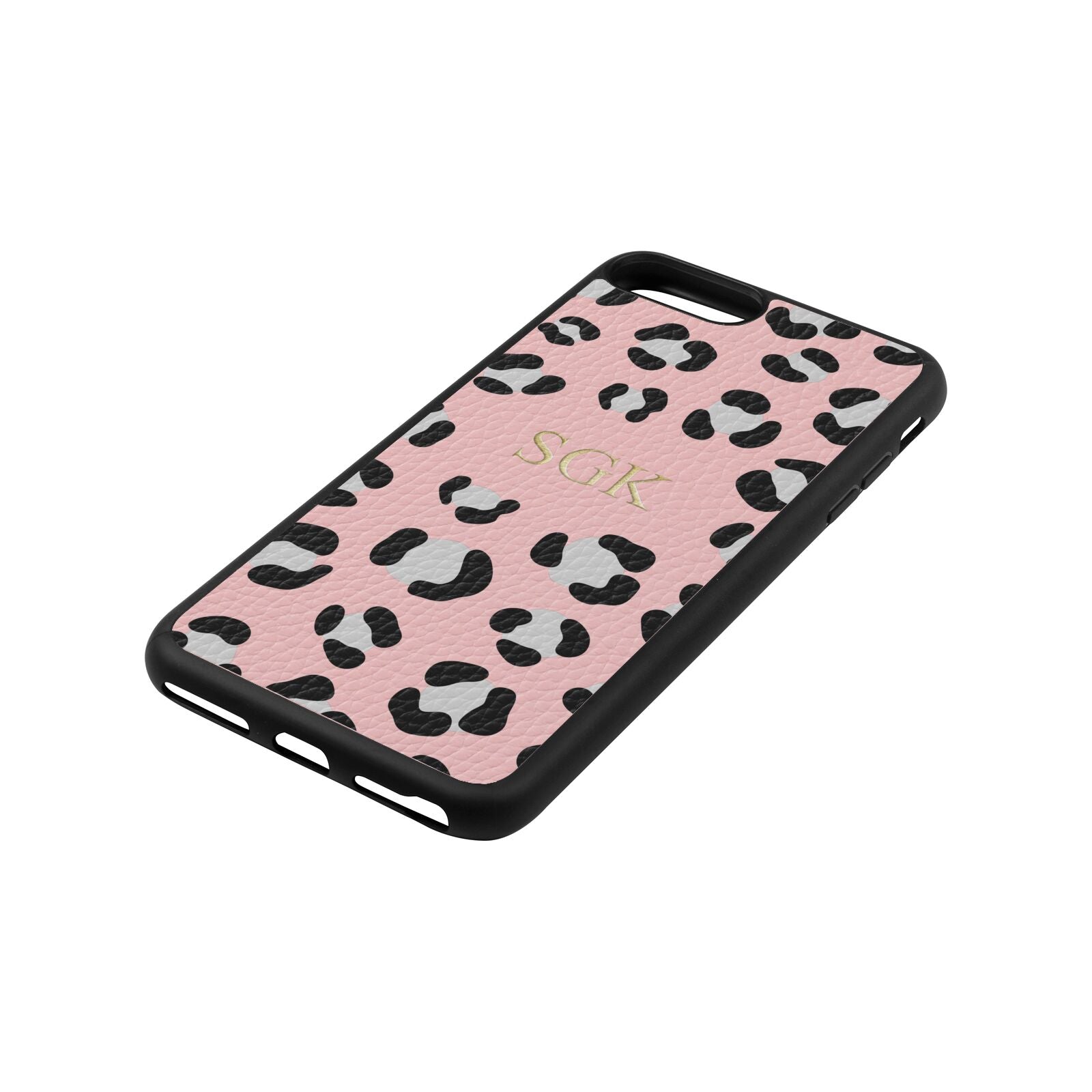 Personalised Leopard Print Embossed Pink Pebble Leather iPhone 8 Plus Case Side Angle