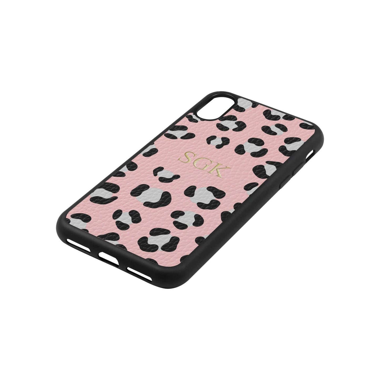 Personalised Leopard Print Embossed Pink Pebble Leather iPhone Xs Case Side Angle